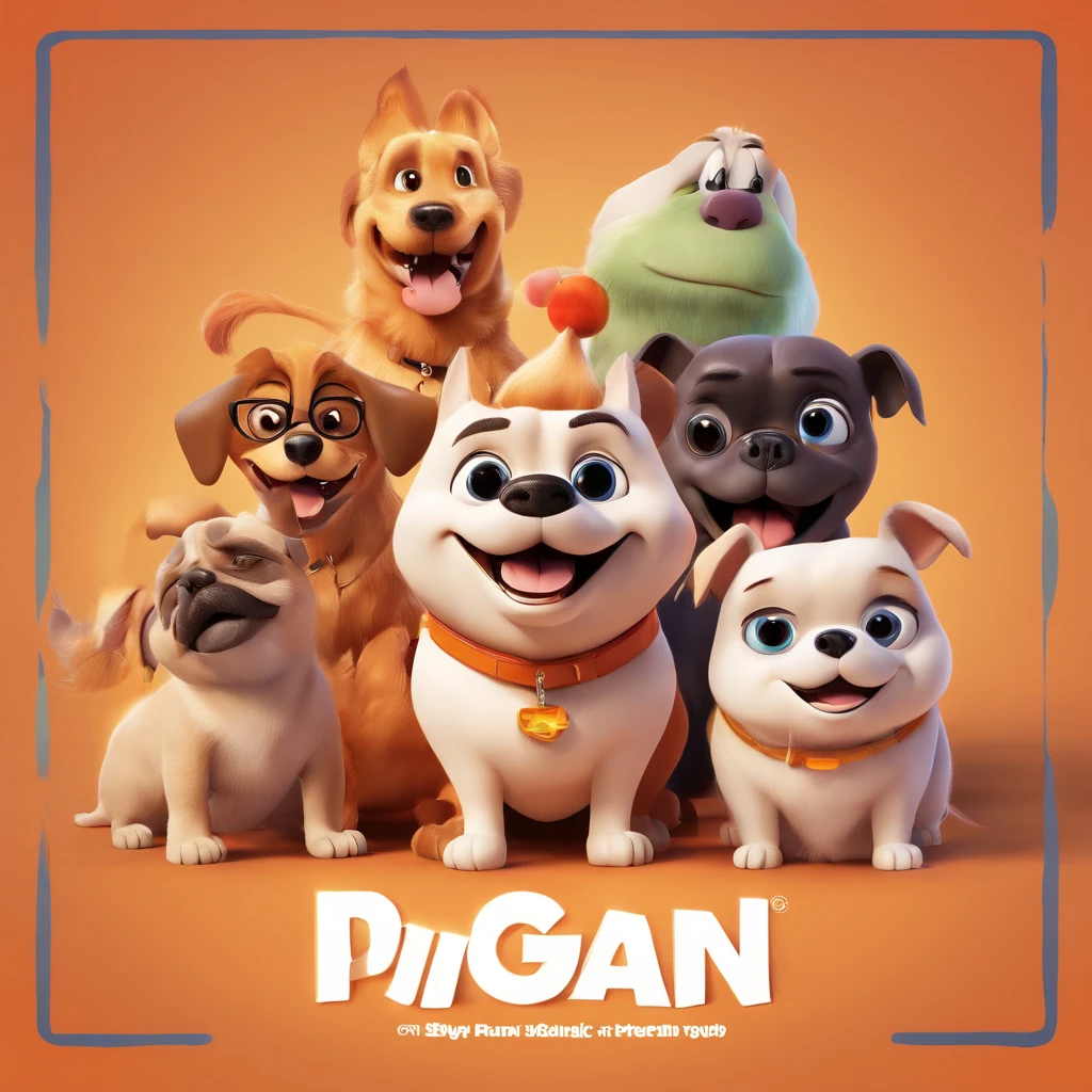 a 3d pixar disney style movie poster with the text " DOG GANG ", with 4 dogs, a big smiling pitbull, a femme pug smiling , a shitzu small white furry smiling, a femme chow chow smiling orange