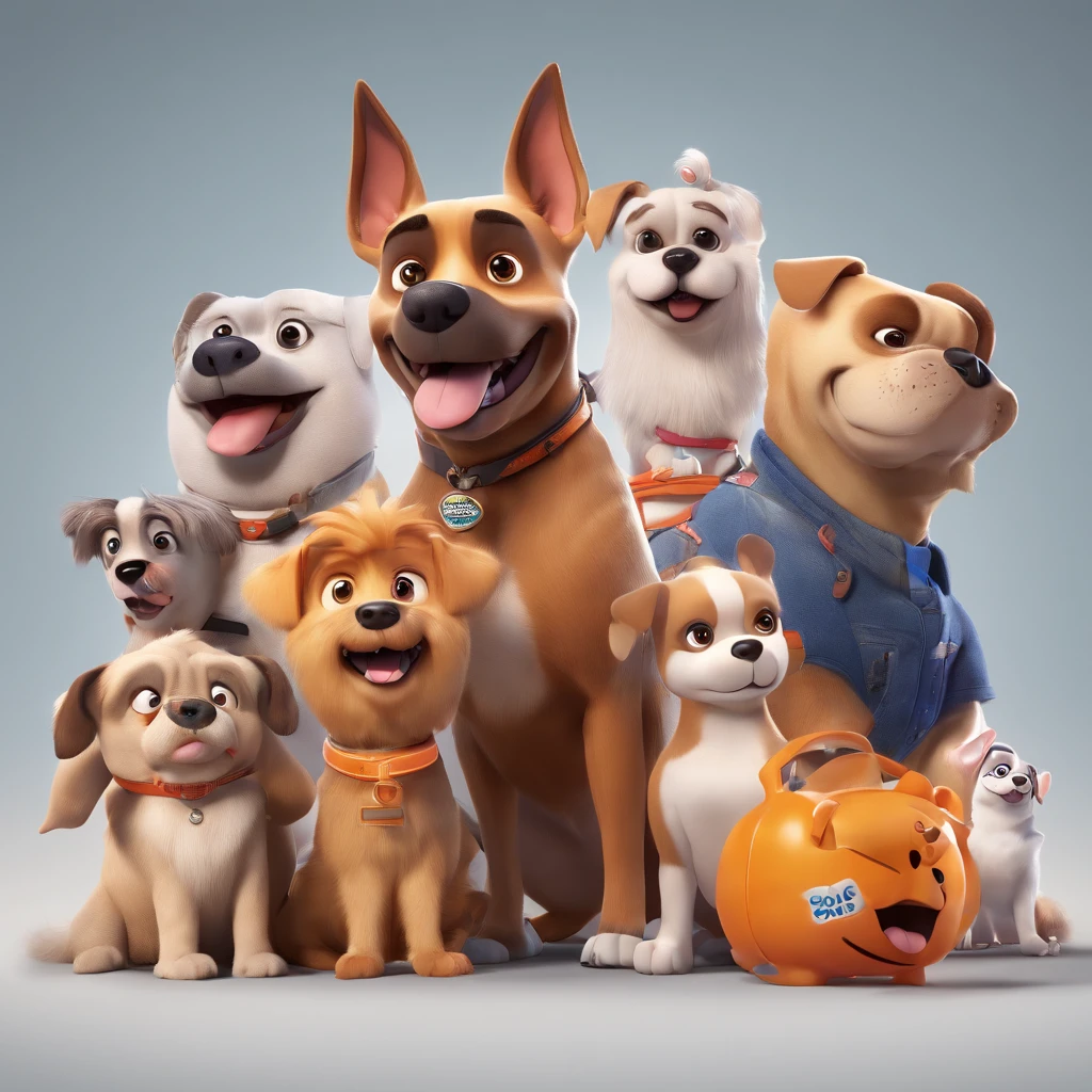a 3d pixar disney style movie poster with the text " DOG GANG ", with 4 dogs, a big smiling pitbull, a femme pug smiling , a shitzu small white furry smiling, a  femme chow chow smiling orange