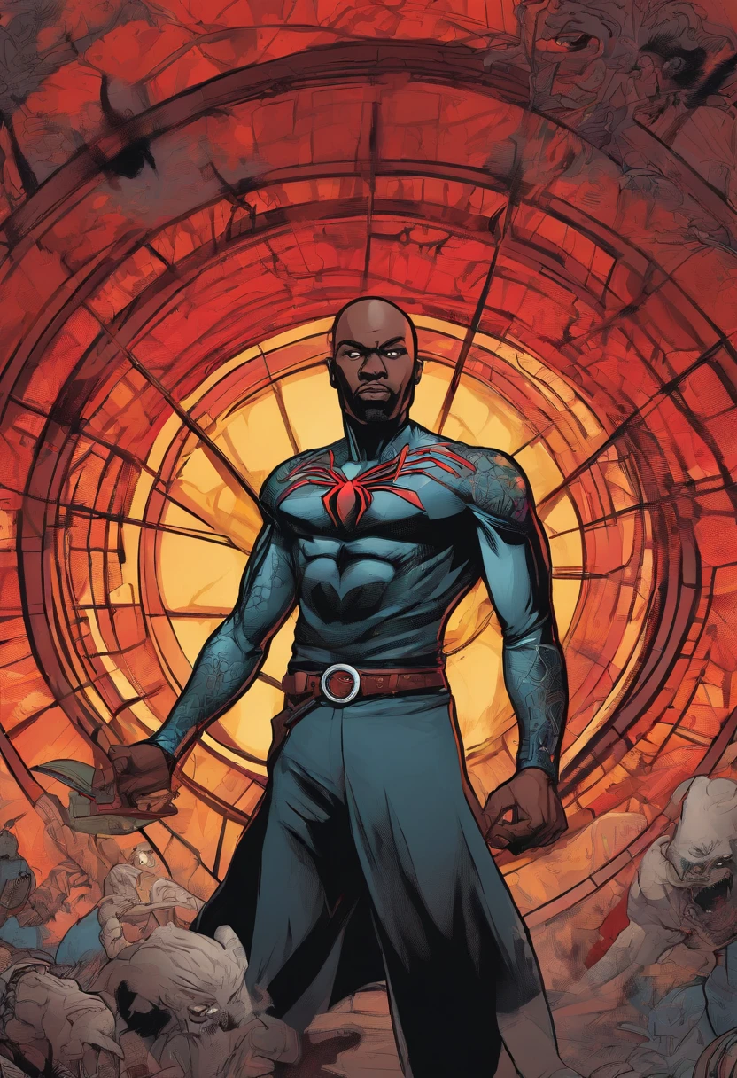 Strong black bald man with spider tattoo on arm with power to open red portal