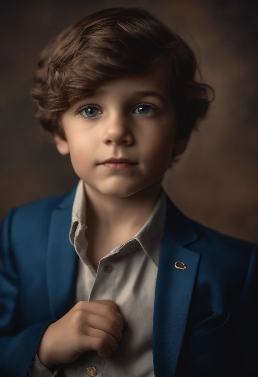 A young boy in a blue suit with short flowy brown hair in a proud pose