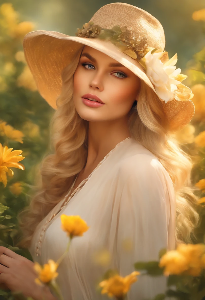 (blond girl),(best quality,ultra-detailed,highres:1.2),(realistic,portrait:1.37),(vivid colors),(soft light),(oil painting),(beautiful detailed eyes,beautiful detailed lips),(long hair),(feminine),(stylish outfit),(confident pose),(flower garden),(golden sunlight),(colorful background),(serene atmosphere),(elegant),(graceful expression),(fine brushstrokes),(subtle shadows),(lush greenery),(natural beauty),(dreamy ambiance),(captivating),(luminous complexion),(gentle breeze),(soft pastels)