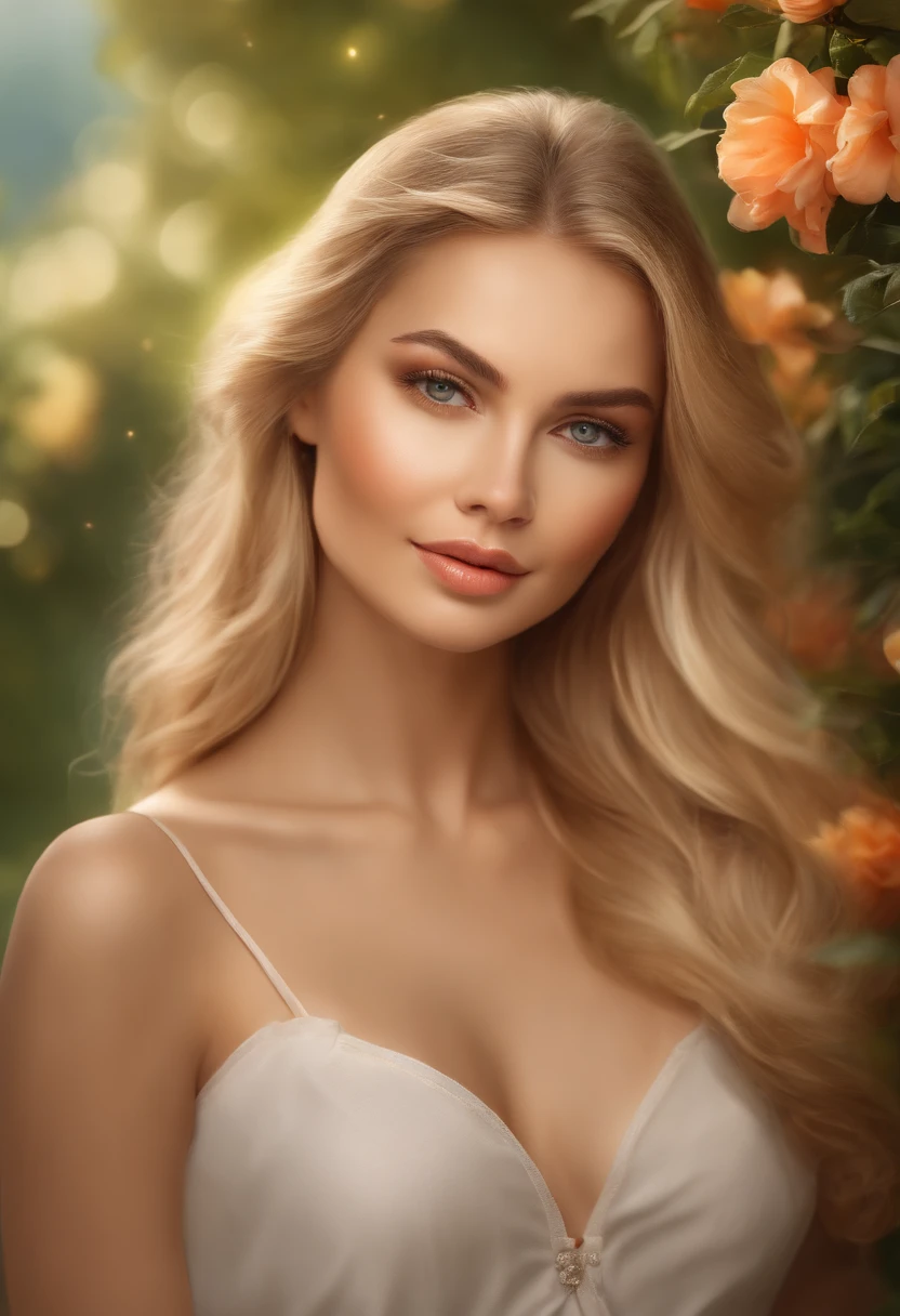 (blond girl),(best quality,ultra-detailed,highres:1.2),(realistic,portrait:1.37),(vivid colors),(soft light),(oil painting),(beautiful detailed eyes,beautiful detailed lips),(long hair),(feminine),(stylish outfit),(confident pose),(flower garden),(golden sunlight),(colorful background),(serene atmosphere),(elegant),(graceful expression),(fine brushstrokes),(subtle shadows),(lush greenery),(natural beauty),(dreamy ambiance),(captivating),(luminous complexion),(gentle breeze),(soft pastels)