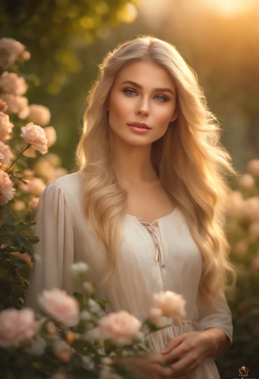 (blond girl),(best quality,ultra-detailed,highres:1.2),(realistic,portrait:1.37),(vivid colors),(soft light),(oil painting),(beautiful detailed eyes,beautiful detailed lips),(long hair),(feminine),(stylish outfit),(confident pose),(flower garden),(golden sunlight),(colorful background),(serene atmosphere),(elegant),(graceful expression),(fine brushstrokes),(subtle shadows),(lush greenery),(natural beauty),(dreamy ambiance),(captivating),(luminous complexion),(gentle breeze),(soft pastels)