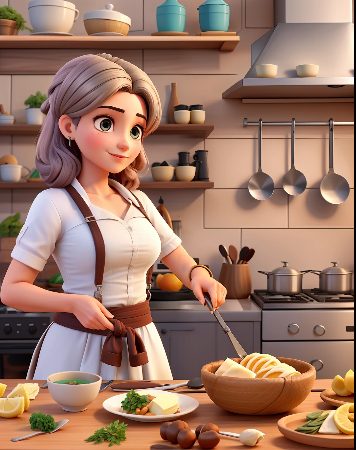 Uma mulher branca e com os cabelos loiros, em uma cozinha fazendo bolo.