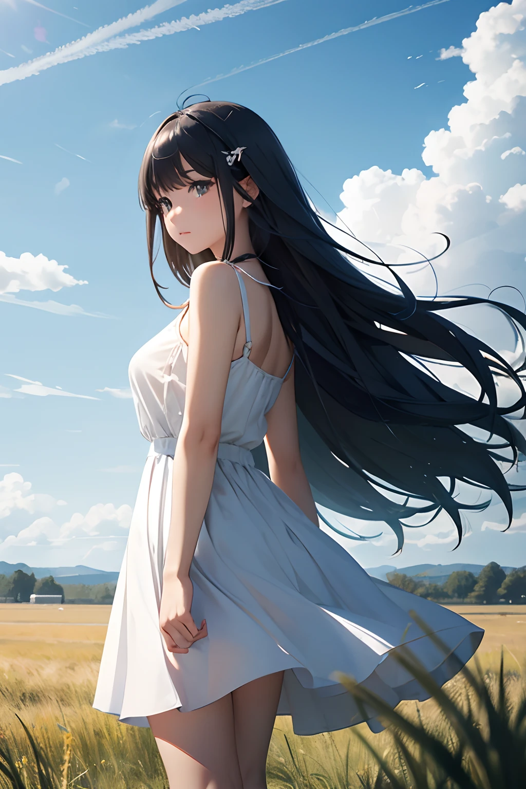 grass field、blue open sky、White cumulonimbus clouds、contrail、glowing sun、Steppe grass swaying in the wind、Photoquality、Live action、Realisticity、Transparency、Realistic depiction、The 8k quality、nffsw、Digital SLR、hightquality、film grains、FujifilmXT3、Girl in white camisole dress、Standing posture、bare-legged、Hair swaying in the wind、Hair to the shoulders、Colossal tits、Big eyes、Medium bob、