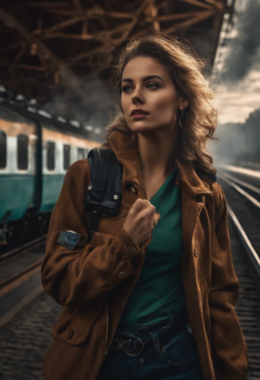 1 girl, Aviador tem , sozinho, Punk a vapor, train station, , vapor, smoke billowing, master part, altamente detalhado,HDR,8K resolution, best quality,