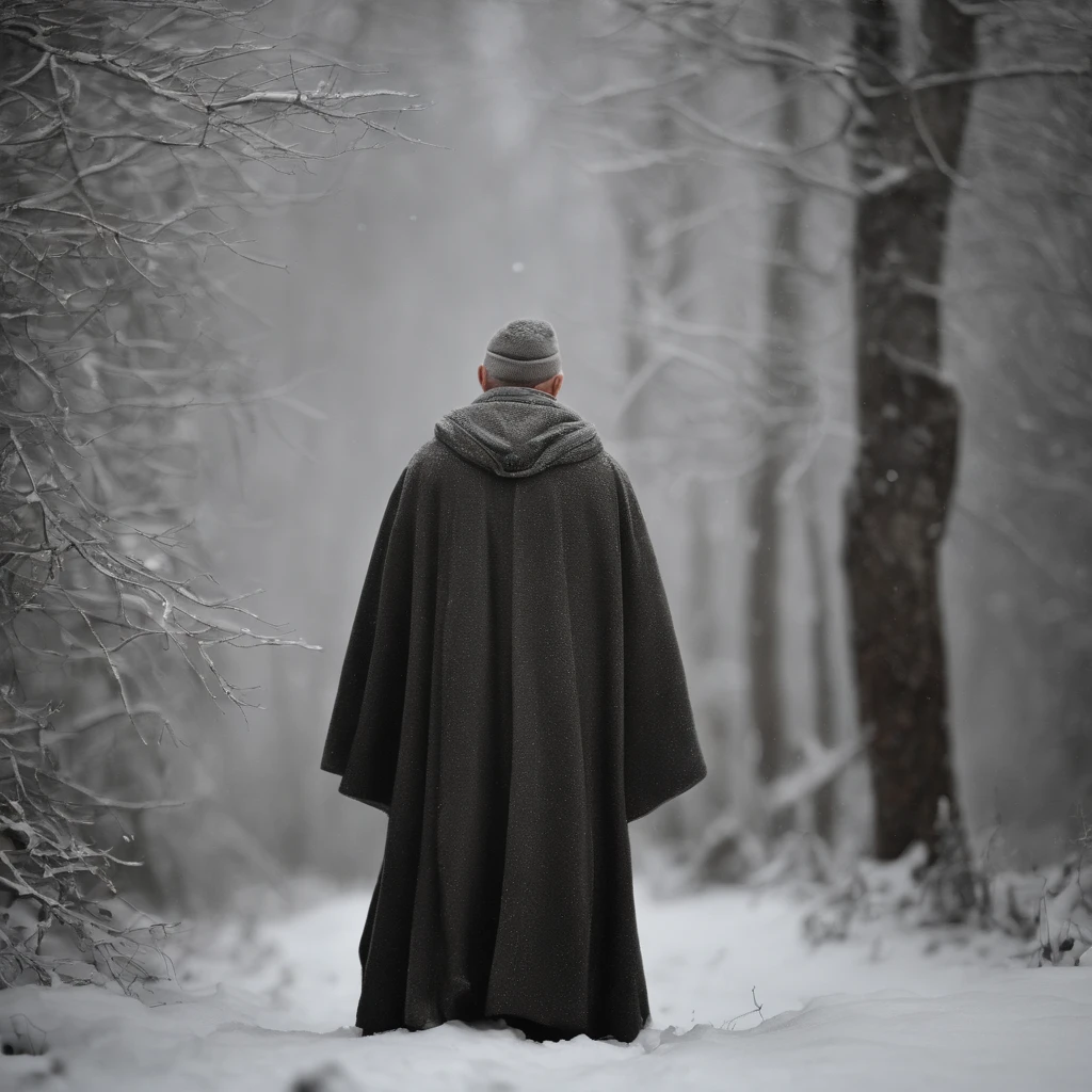 Heavy snow background image,The back of an old man in a cloak far away,low-saturation,A few branches are covered with snow branches,ink wash style,Chinese ancient style