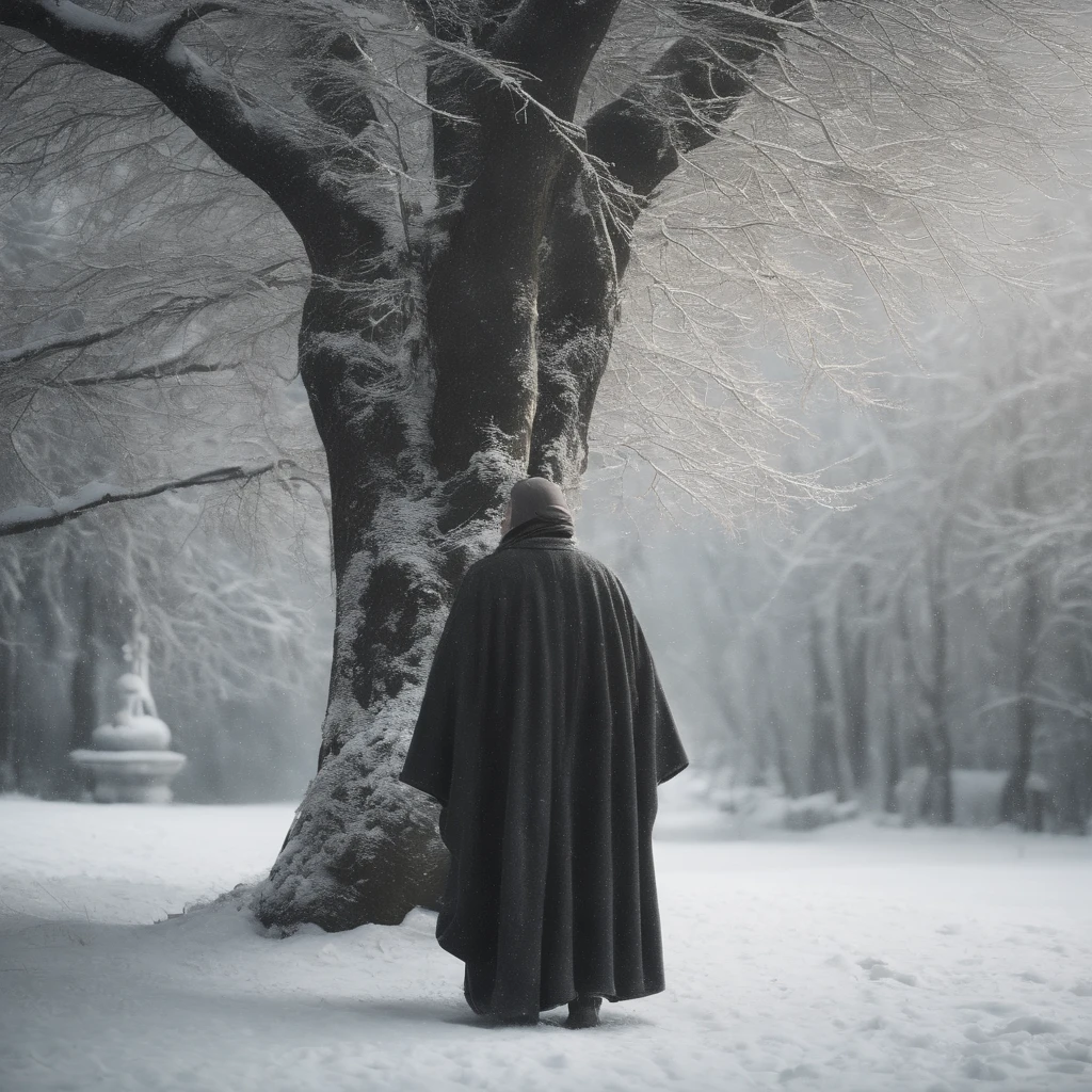 Heavy snow background image，The back of an old man in a cloak far away，low-saturation，A few branches are covered with snow branches，ink wash style，Chinese ancient style