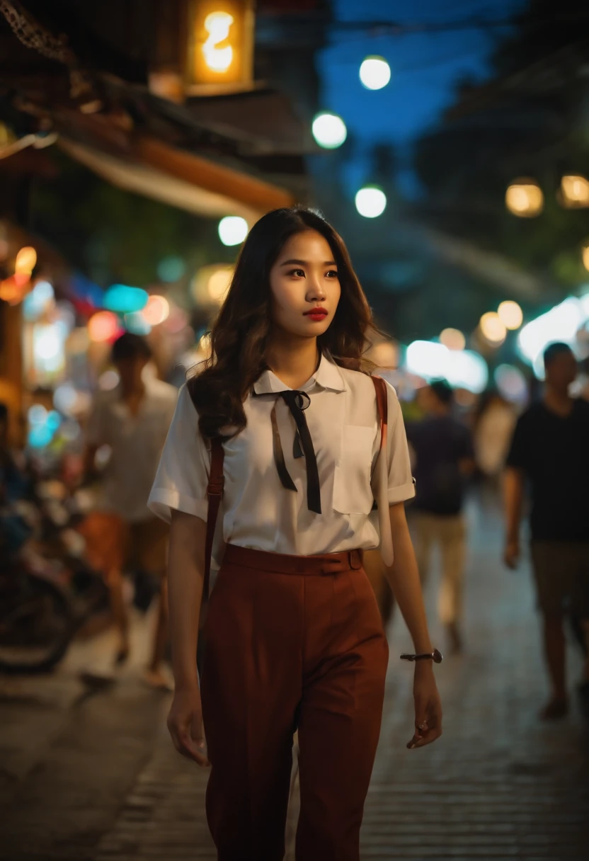 A 17-year-old Thai woman in a college uniform strolls through Yaowarat at night.