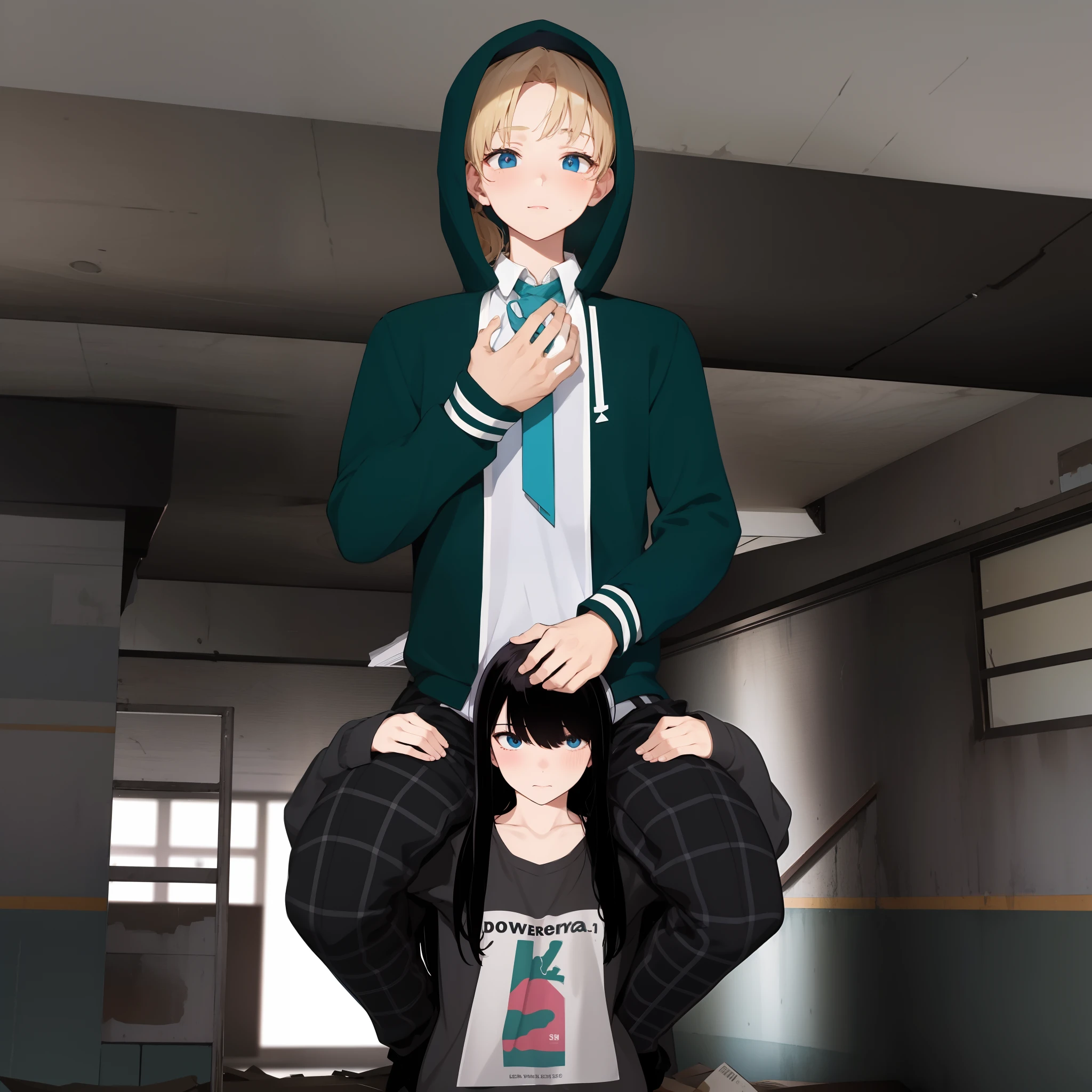 shoulder carry, size difference, abandoned room, sitting on shoulders, delicate hands, struggling