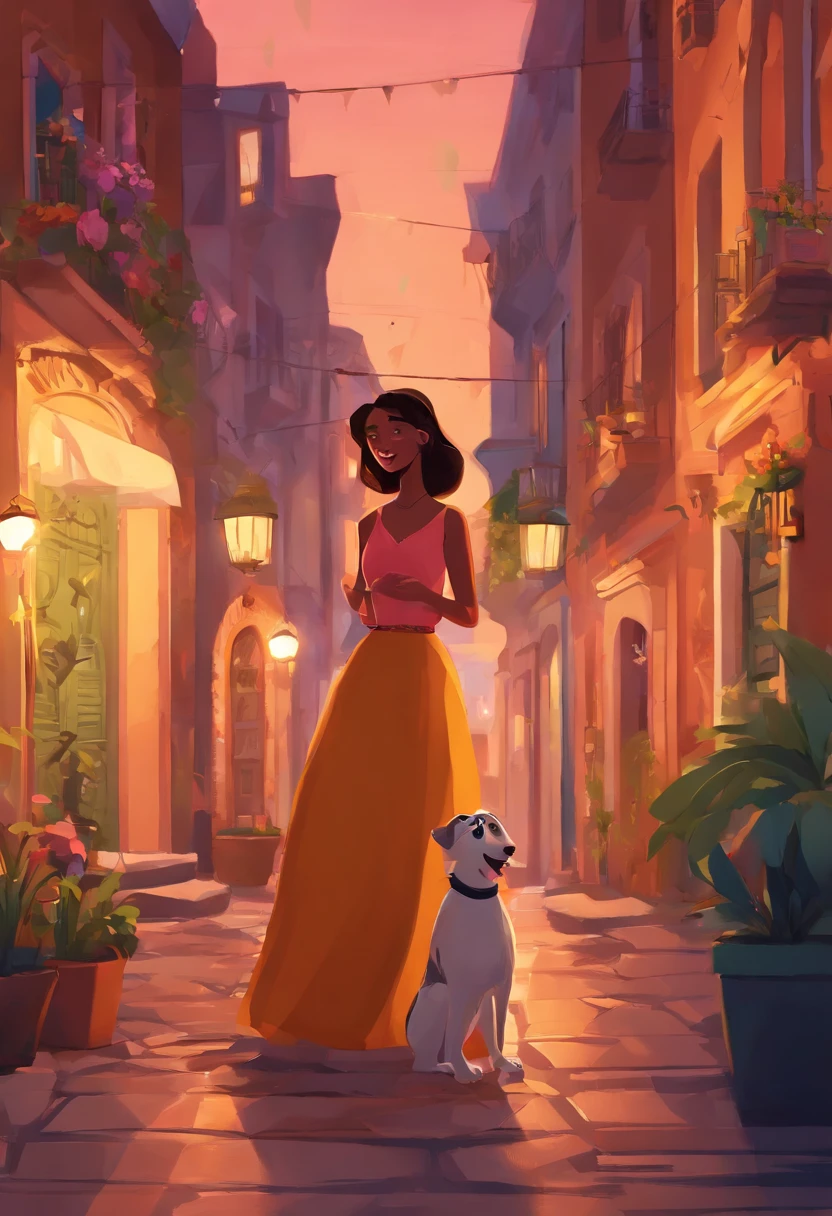 An illustration of an adorable couple, Destacando um homem e uma mulher com beleza, Expressive eyes – the man's hair is brown and straight to the sides and he has no beard, While the woman's hair is tied in a bun and black. They are a bright space, Todos com um sorriso no rosto, e compartilhe um momento especial, That is marked by love, viagem, and pedagogical insights, they have a girl and a brown Yazapsu dog. Ilustre esta cena a partir de uma perspectiva, where they're facing away from the camera, Show Your Connection. Desenvolva esta arte em Full HD, Focus on your cinematic touch, Estilo Disney Pixar Animations