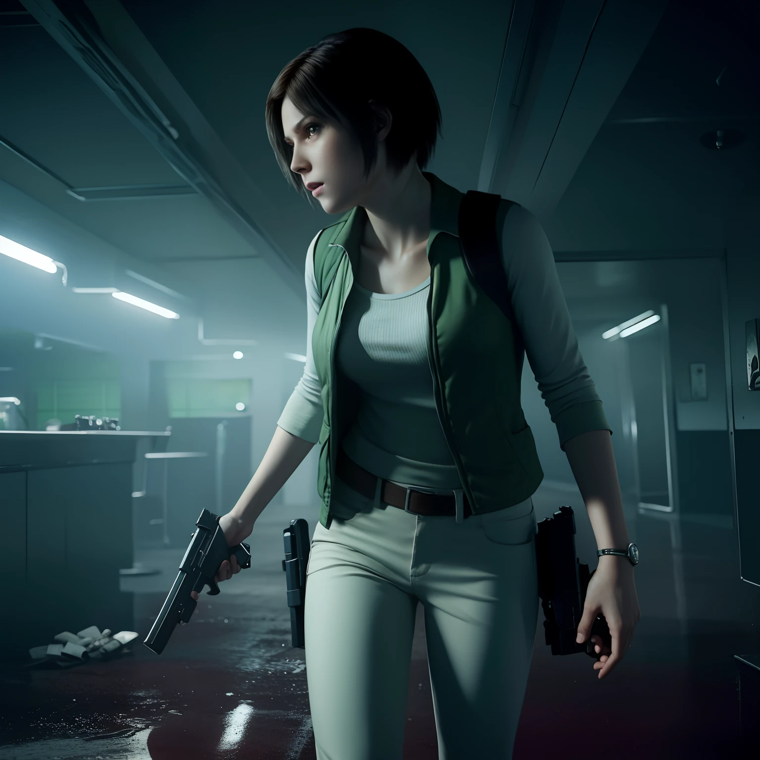 beautiful face, glare, short bob brown hair, perfect face, Rebecca chamber from resident evil, white jeans, green vest, holding a gun