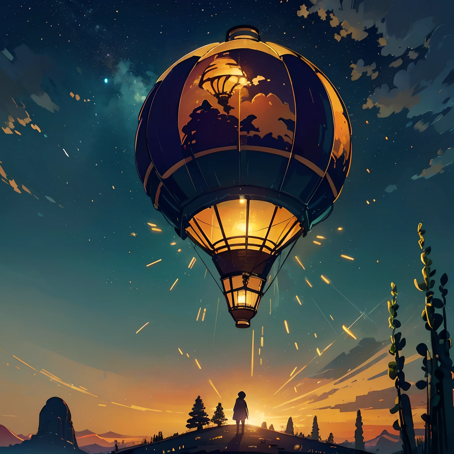 (hot air balloon:1.2),beautiful sky,Wide landscape photos, (look from down, The sky is above, The vacant lot is below), (the setting sun: 1.2),Distant mountains , green trees,artisanal art, (Warm light: 1.2), (Firefly: 1.2), lamp lights, Lots of purple and orange, Intricate details, Volumetric lighting BREAK (Masterpiece: 1.2), (Best quality), 4K, Ultra detailed, (Dynamic composition: 1.4), Rich in detail and color, (Irridescent color: 1.2), (Glow, Atmospheric lighting), Dreamy, magical, (Solo: 1.2)