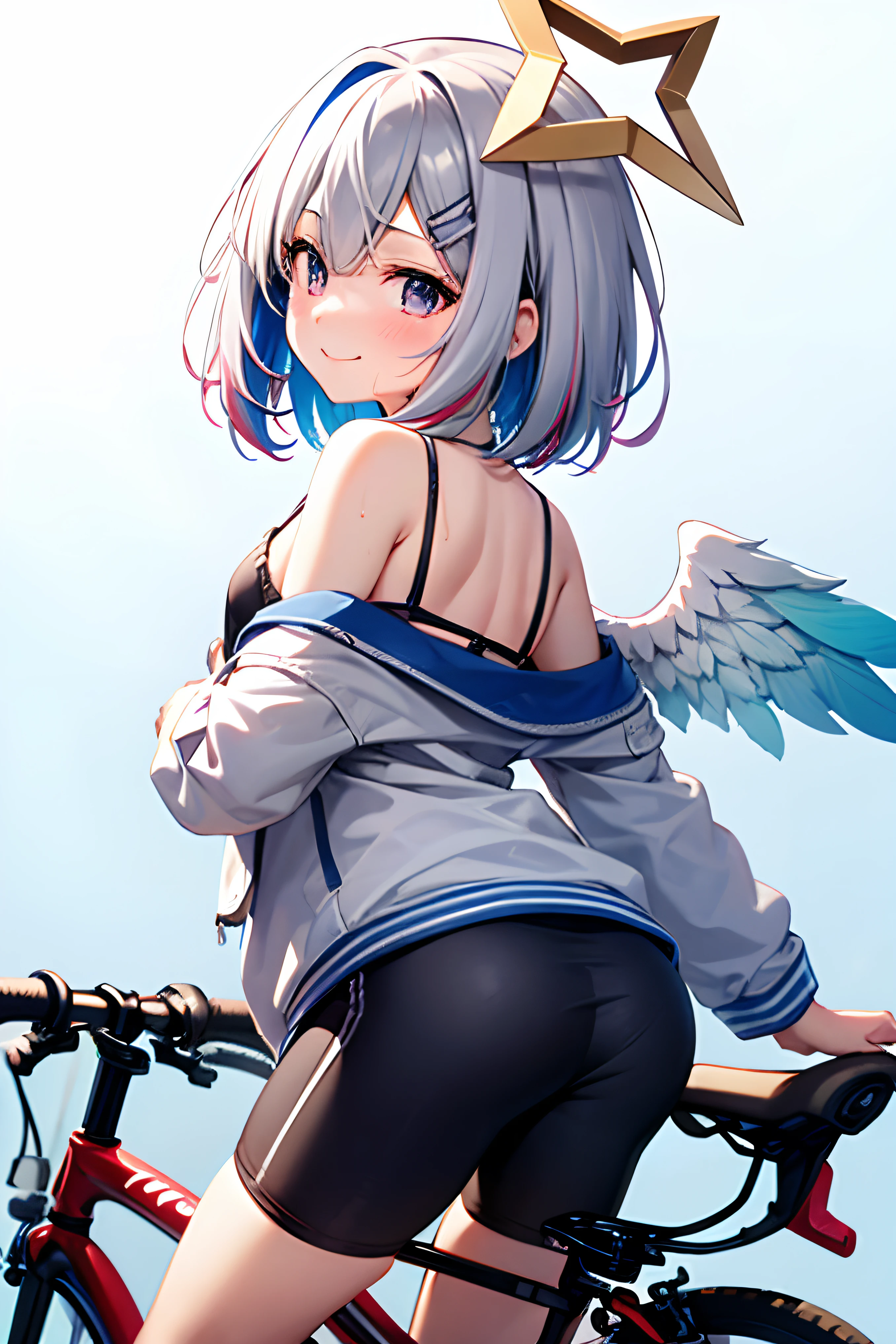 amane kanata, 1girl in, Solo, Short hair, Bangs, Simple background, Bow, Blue hair, Purple eyes, Jacket, Grey Hair, multicolored hair, Wings, blue bow, bob cuts, Feathered wings, Asymmetrical hair, Angel wings, Colored inner hair, one white winged, single hair intake, Star Halo, Looking at Viewer, Bangs, 鎖骨，flat chest，bicycle，rides a bike，from a，a towel，cute little，A smile，posterior view，Sweat from exercise, etc.，Bare shoulders、gloves，helmets，Sunny outside