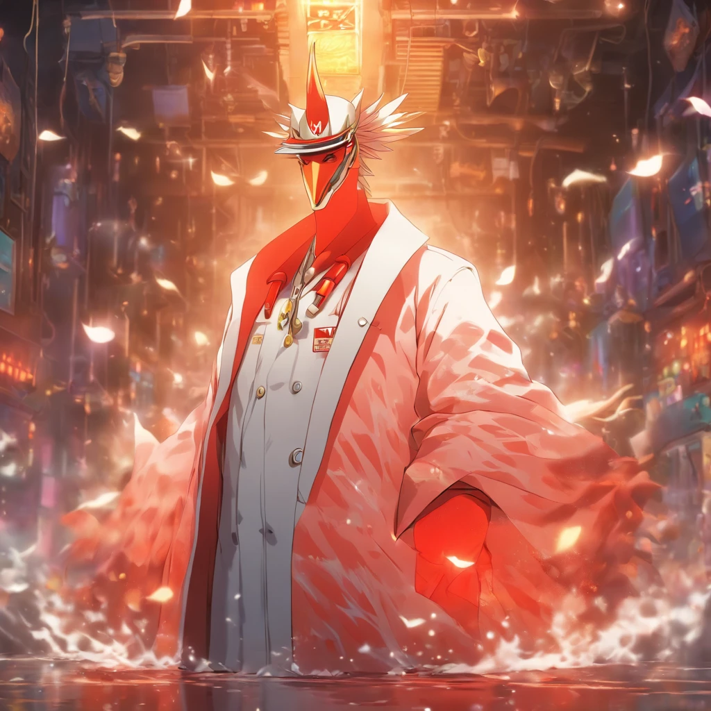 panoramic photo,Full body photo,Anthropomorphic white crane in a white coat,(Red nurse's hat:1.2),He is a dentist,In a sun-filled treatment room,Examine the patient,(Highlight anthropomorphism:1.3)Bright light,Very detailed facial treatment,4K,