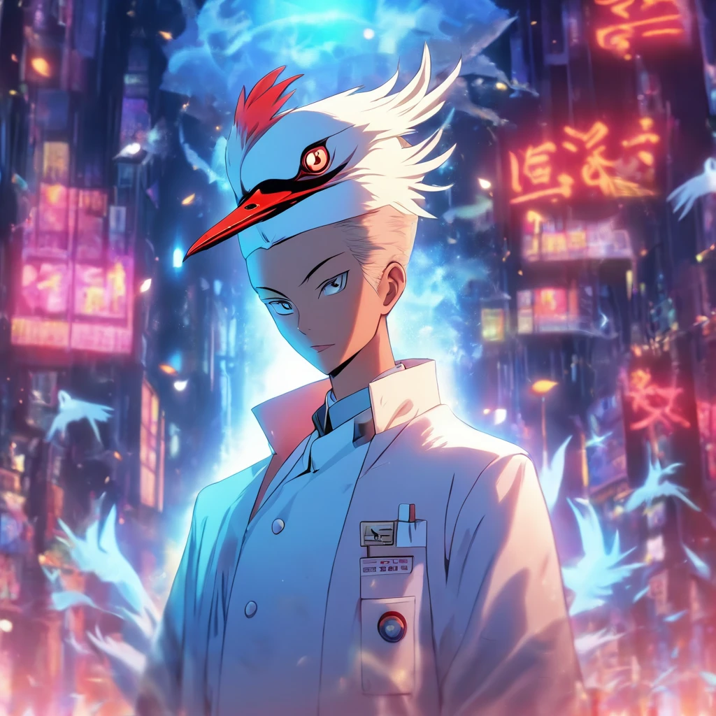 panoramic photo,Full body photo,Anthropomorphic white crane in a white coat,(Red nurse's hat:1.2),He is a dentist,In a sun-filled treatment room,Examine the patient,(Highlight anthropomorphism:1.3)Bright light,Very detailed facial treatment,4K,