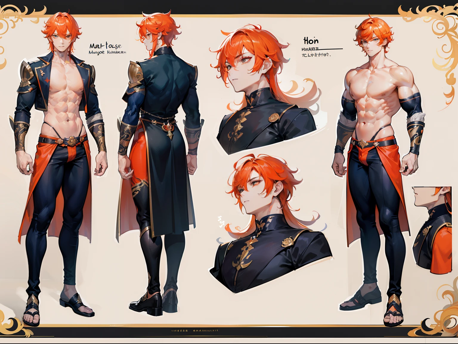 ((Masterpiece, Highest quality)), Male, boy, Detailed face, character design sheet， full bodyesbian, Full of details, frontal body view, back body view, Highly detailed, Depth, Many parts, Muscle boy with long orange hair with long bangs，handsome man, muscle body, vampire outfits clothes, Genshin Impact, man tall, pectoral muscles, abs