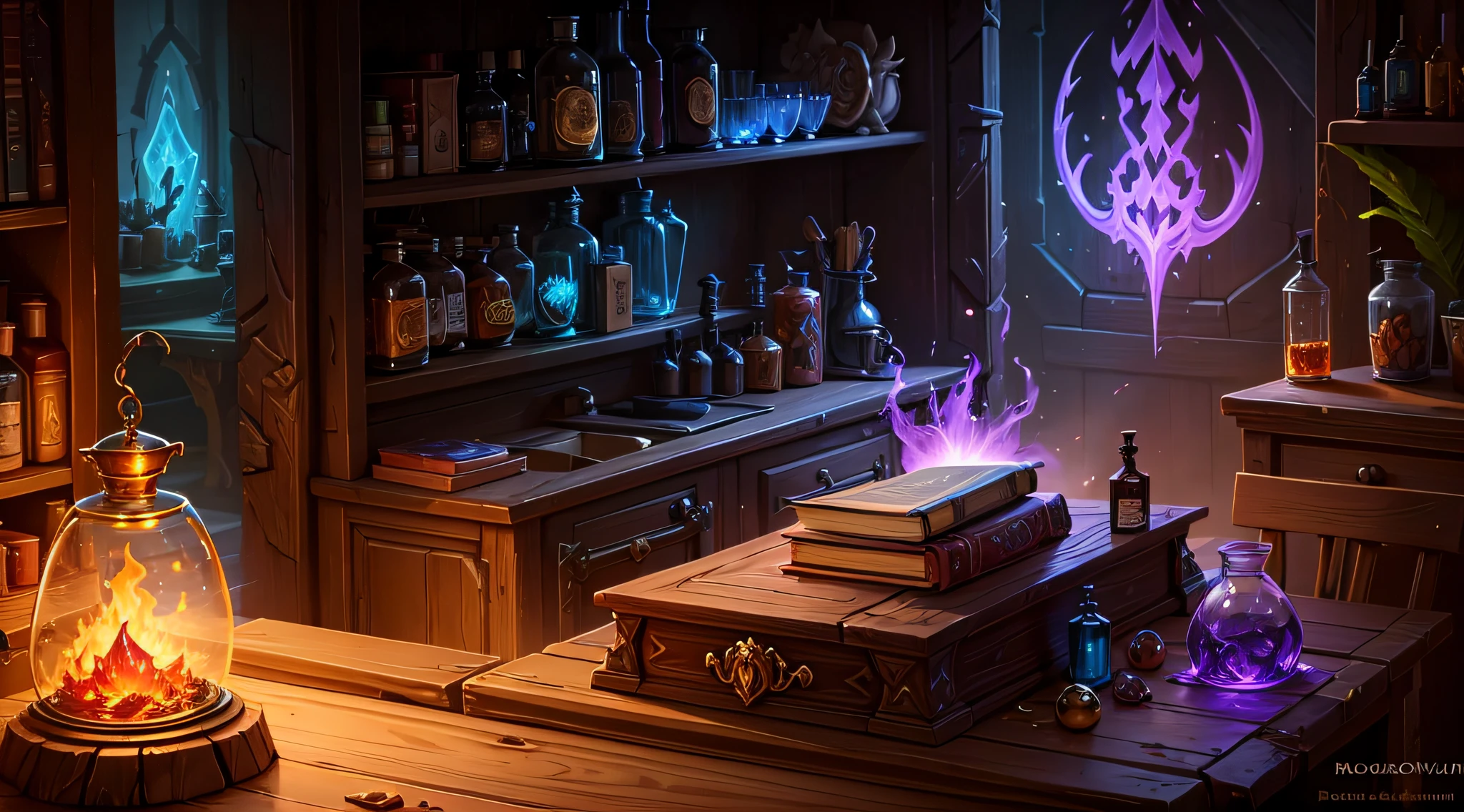 World of Warcraft art style,A magician's laboratory,There is a magic book on the wooden cabinet,There are magic gems of various colors on the table,animal skull,Plant material,The light is dim,Magic gems and potion bottles glow --auto