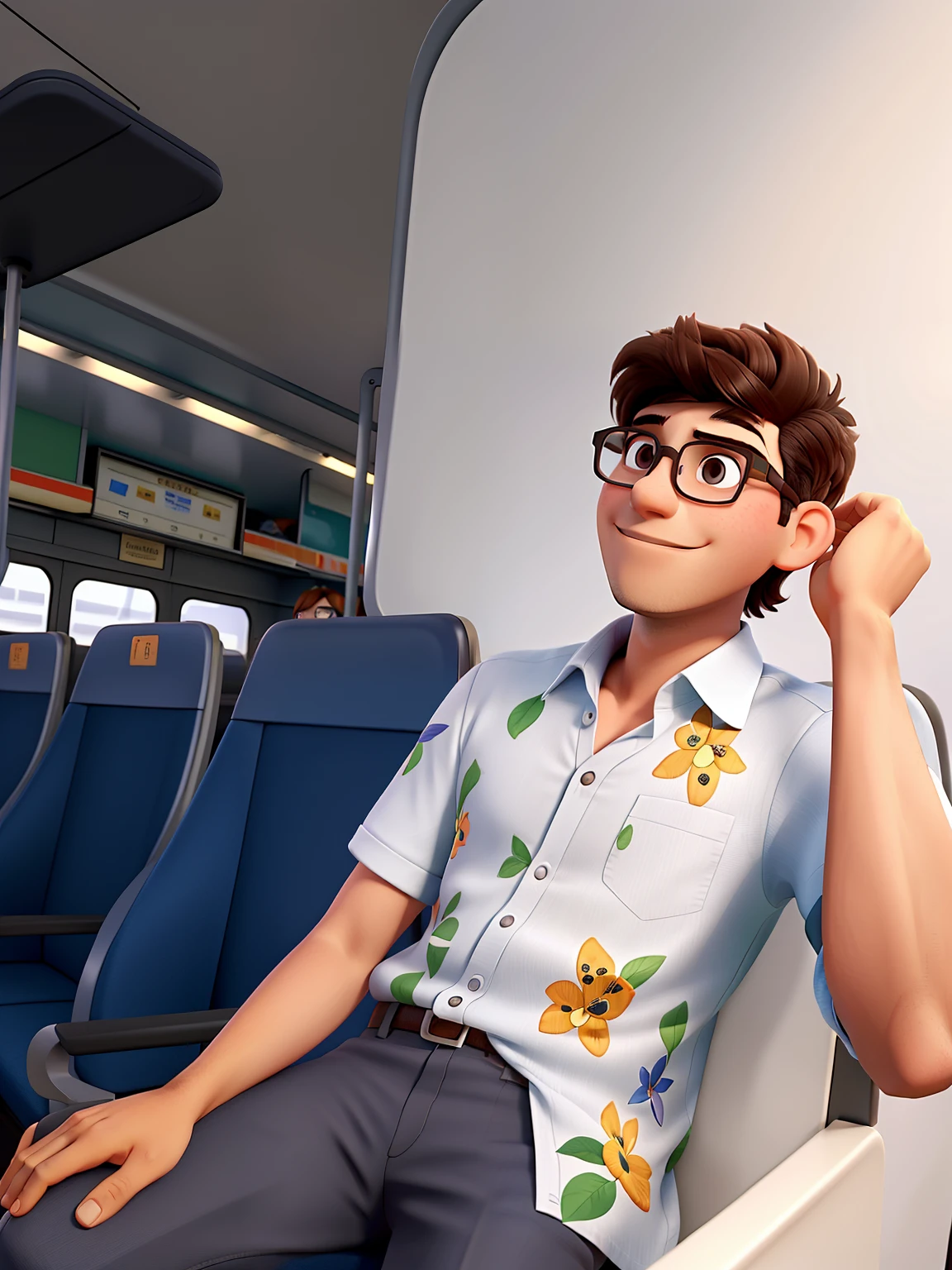 a young man with glasses, usando uma boina cinza, sentado no trem estilo Pixar.