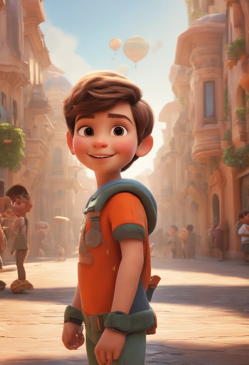 a happy cute standing short hair, vestindo uma fantasia espacial, , fundo branco, barnet, Tom, Estilo Pixar, ....3d, desenhos animados, rosto detalhado, asymmetrical 16k