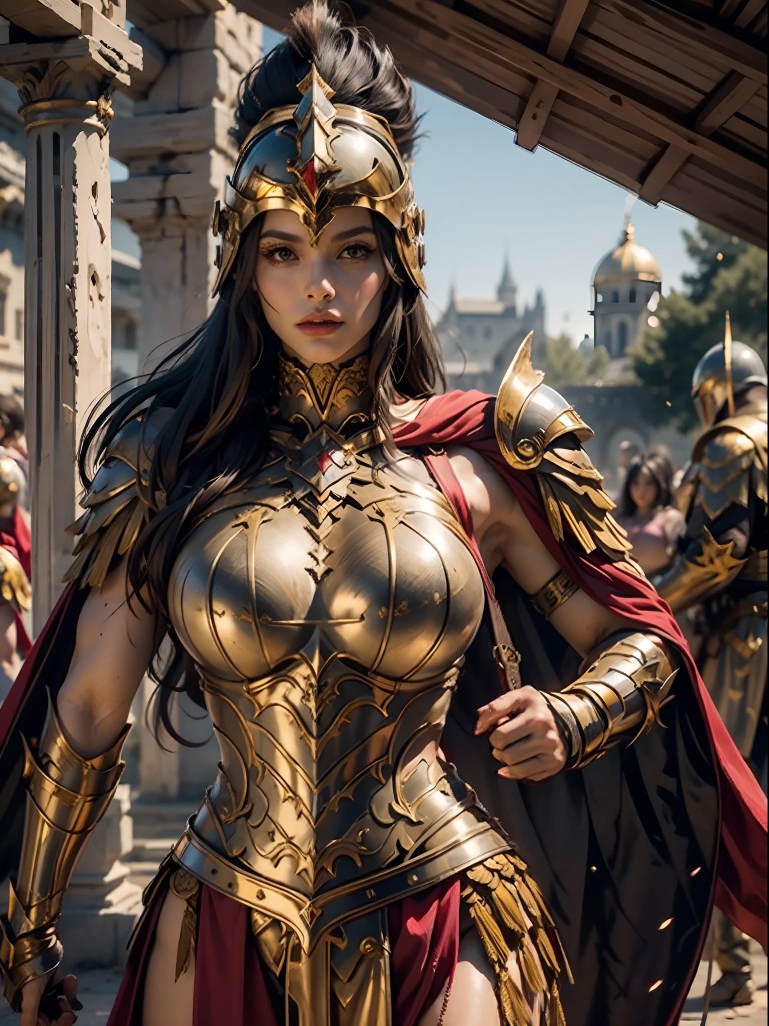 a beautiful golden-greek-armored warrioress, jet-black hair, hoplite helmet, muscular, huge and heavy breasts, looking at viewer, modelshot pose, masterpiece, best quality, 8k, blurred background, medieval fantasy castle in the background