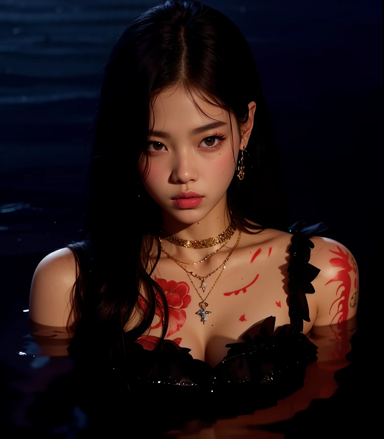 Un primer plano de una mujer en un cuerpo de agua con sangre en la cara, Blackpink Jennie, Retrato de Jossi de Blackpink, Jossi de Blackpink, Retrato Jisoo Blackpink, Jisoo de Blackpink, Jisoo de Blackpink, Parque Roseanne de Blackpink, cruel korean goth girl, Jinyoung Shin, Taejune Kim, Gongbi, Lalisa Manoban de Blackpink