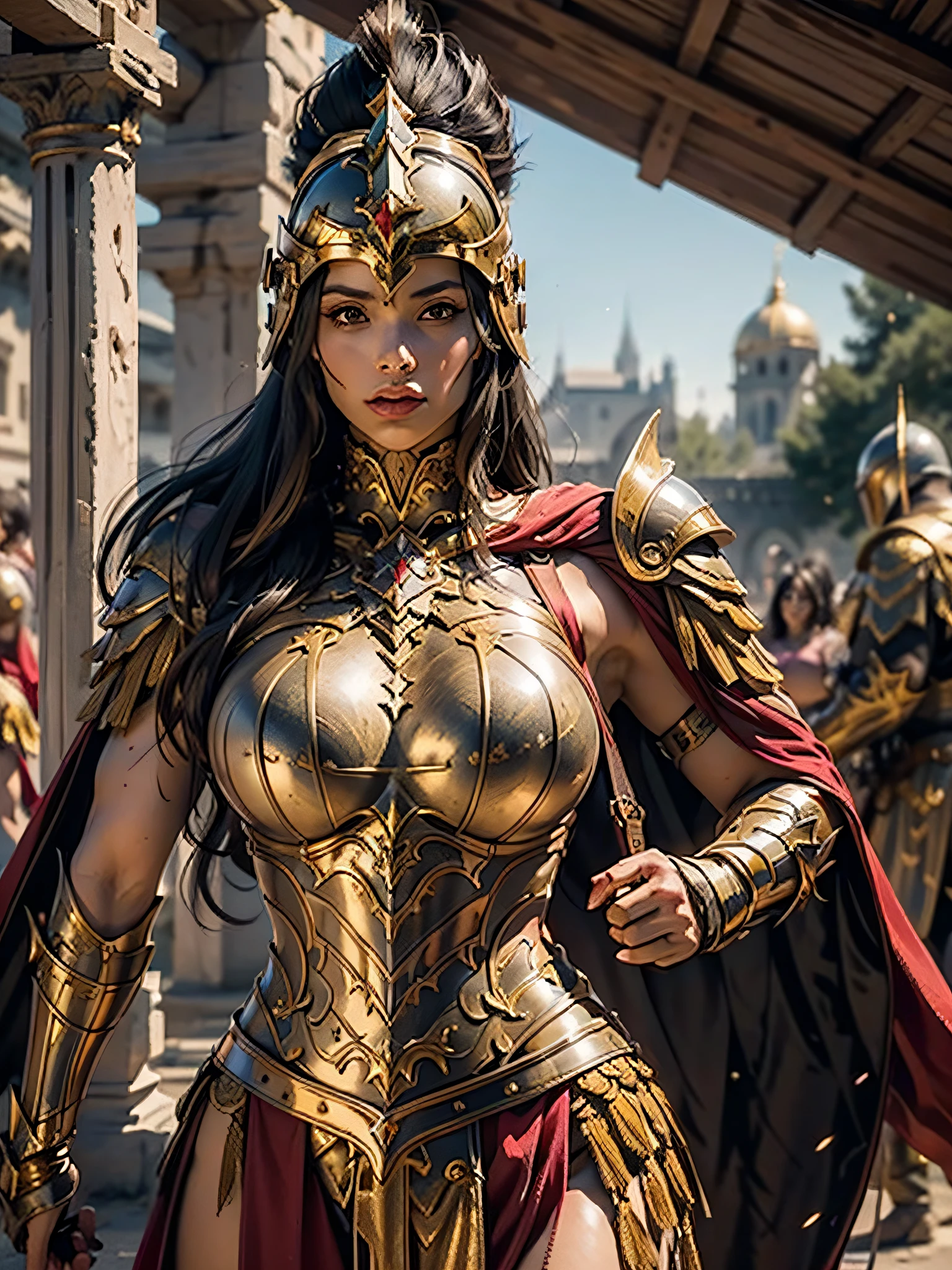 a beautiful golden-greek-armored warrioress, jet-black hair, hoplite helmet, muscular, huge and heavy breasts, looking at viewer, modelshot pose, masterpiece, best quality, 8k, blurred background, medieval fantasy castle in the background