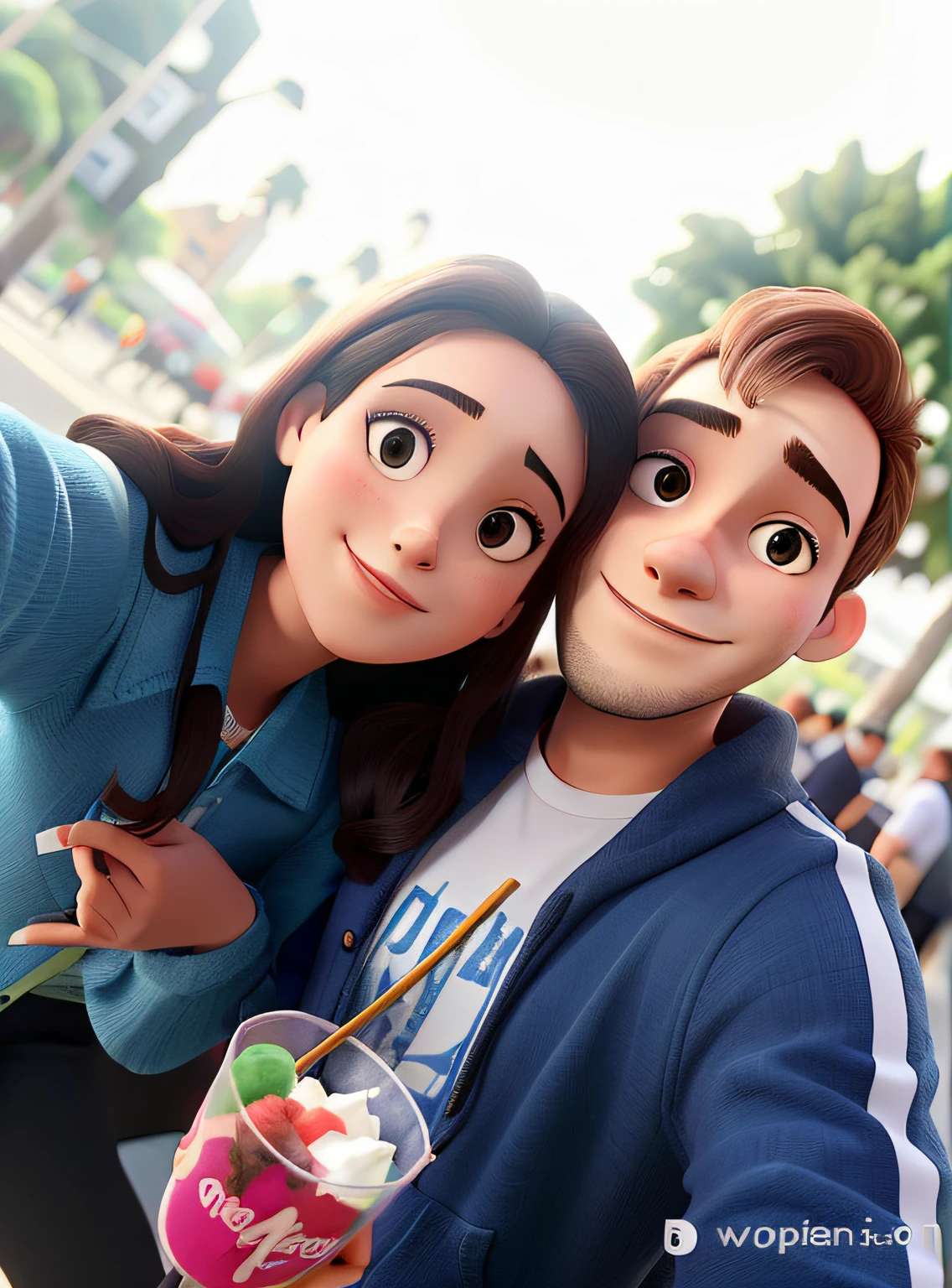 Um casal de um homem e uma mulher, tirando uma selfie, com um copo de sorvete em uma mesa, contra o pano de fundo de um parque