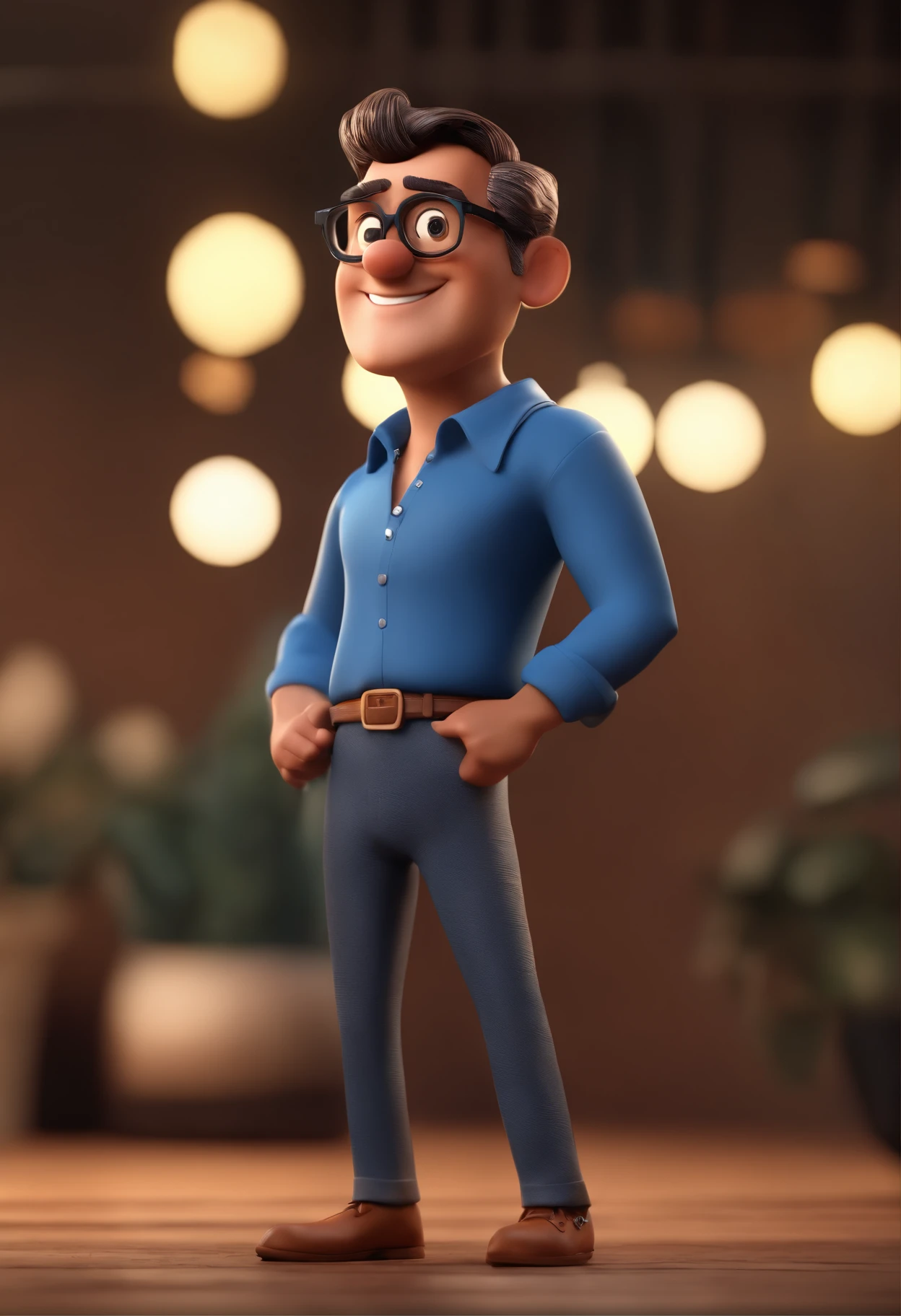 Cartoon character of a man with black glasses and a blue shirt, animation character, Caractere estilizado, animation style rendering, 3D estilizado, Arnold Maya render, 3 d render stylized, toon render keyshot, Personagem 3D, Personagem 3D, 3d rendering stylized, 3 d character render, personagem de desenho animado, Personagem de close up, Pose de personagem, (Estilo Pixar) (master part:1.2) (Bokeh) (best quality) (pele detalhada) (textura detalhada) (8k) (argila) (Cinematic lighting) (foco nítido