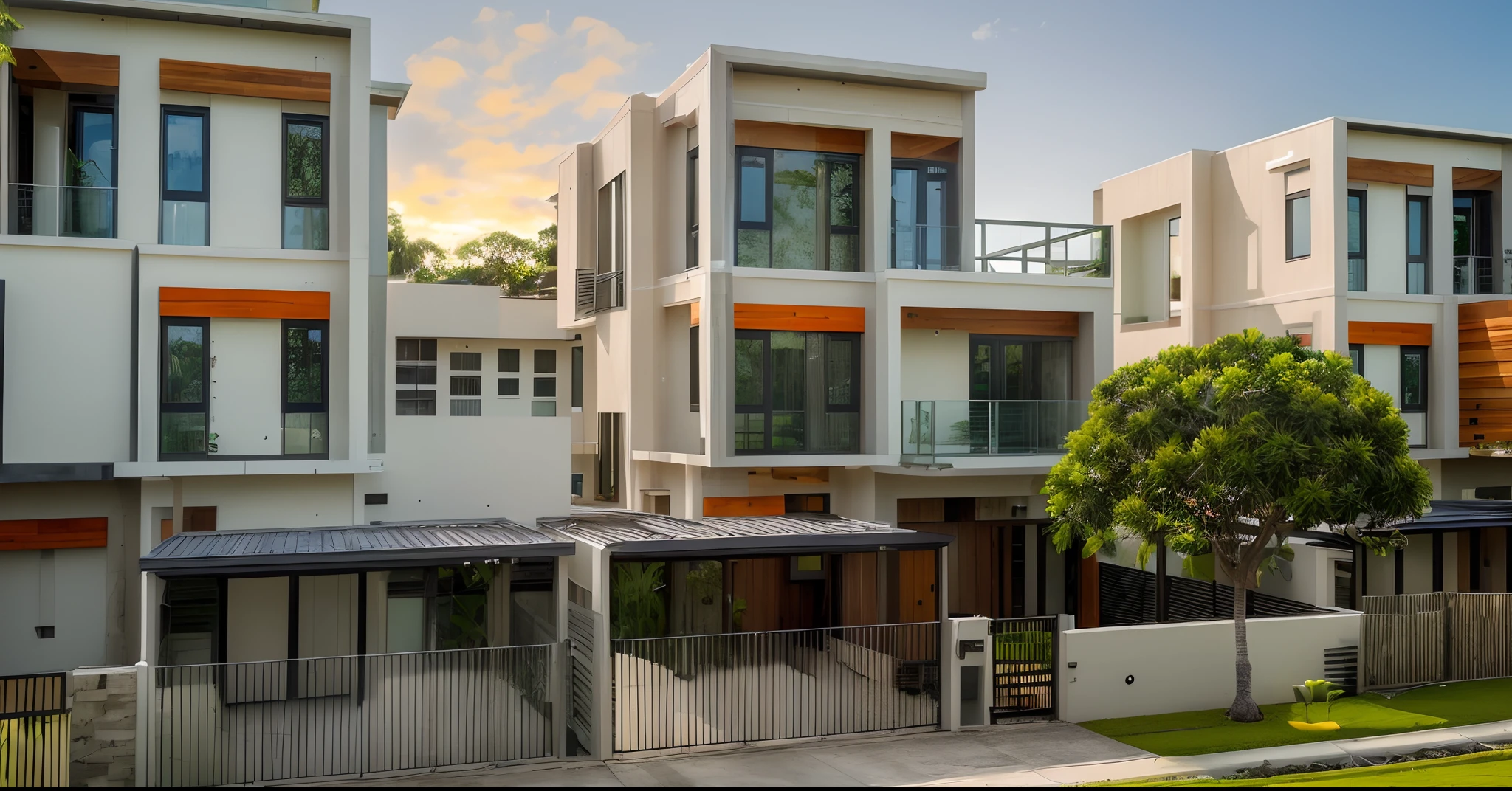 exterior contemporary house in sunrise,((halfway up the tropical hill)), cladding stone mix with nature wood material, plants on balcony, glasses window, nice landscape with tropical trees an plants, green grass, navy blue and orange color scheme