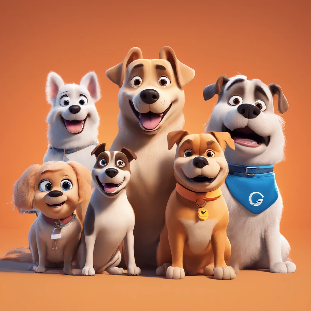 a 3d pixar disney style movie poster with the text " DOG GANG ", with 4 dogs, 1 big smiling pitbull, 1 femme pug smiling , 1 shitzu small white furry smiling, 1 femme chow chow smiling orange