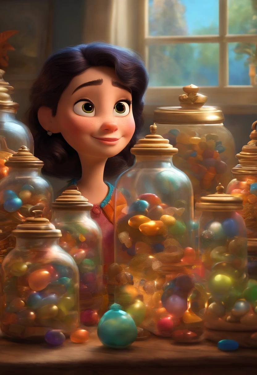 A collector of ideas inspired by Pixar animation, up close. She is surrounded by a collection of magical jars, each containing a unique idea. The focus is on the character, with a captivating facial expression, against a backdrop of sparkling, effervescent colors.