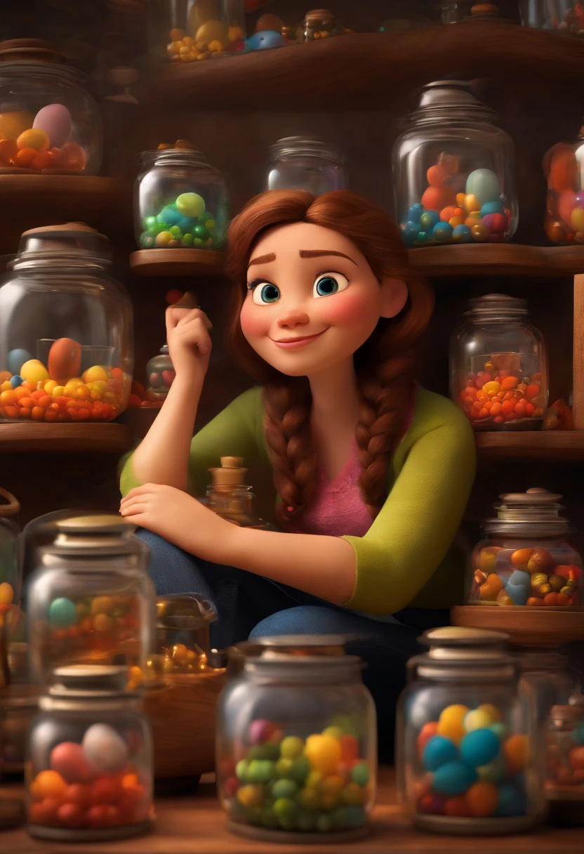A collector of ideas inspired by Pixar animation, up close. She is surrounded by a collection of magical jars, each containing a unique idea. The focus is on the character, with a captivating facial expression, against a backdrop of sparkling, effervescent colors.