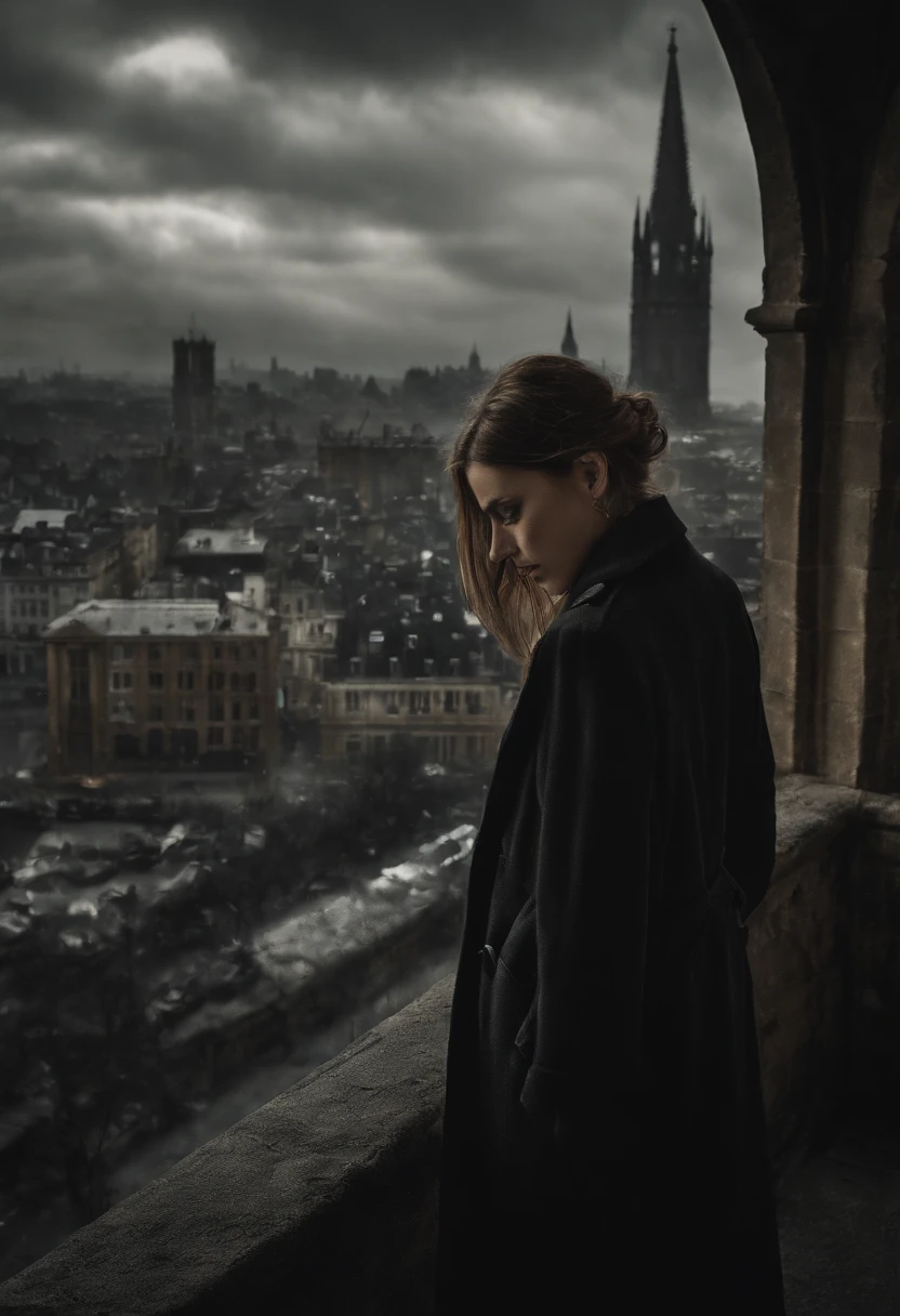 Create an illustration of a girl wearing a trench coat, standing with her back to the viewer on top of a building, overlooking a city merged with an enormous, old Gothic cathedral filled with towers. The cityscape extends to the horizon and features a blend of towering Gothic structures and skyscrapers, reminiscent of Manhattan and São Paulo. The image should have a gothic aesthetic with touches of cyberpunk. It's nighttime, with a dark and oppressive atmosphere, yet the scene remains stunningly beautiful. Ultrarealistic. Goth. Gothic. Silver. Sun. Gold.