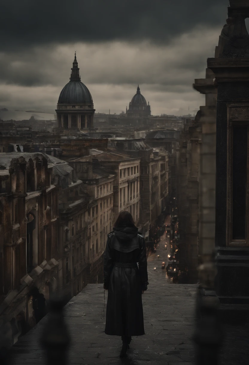 Create an illustration of a girl wearing a trench coat, standing with her back to the viewer on top of a building, overlooking a city merged with an enormous, old Gothic cathedral filled with towers. The cityscape extends to the horizon and features a blend of towering Gothic structures and skyscrapers, reminiscent of Manhattan and São Paulo. The image should have a gothic aesthetic with touches of cyberpunk. It's nighttime, with a dark and oppressive atmosphere, yet the scene remains stunningly beautiful. Ultrarealistic. Goth. Gothic. Silver. Sun. Gold.