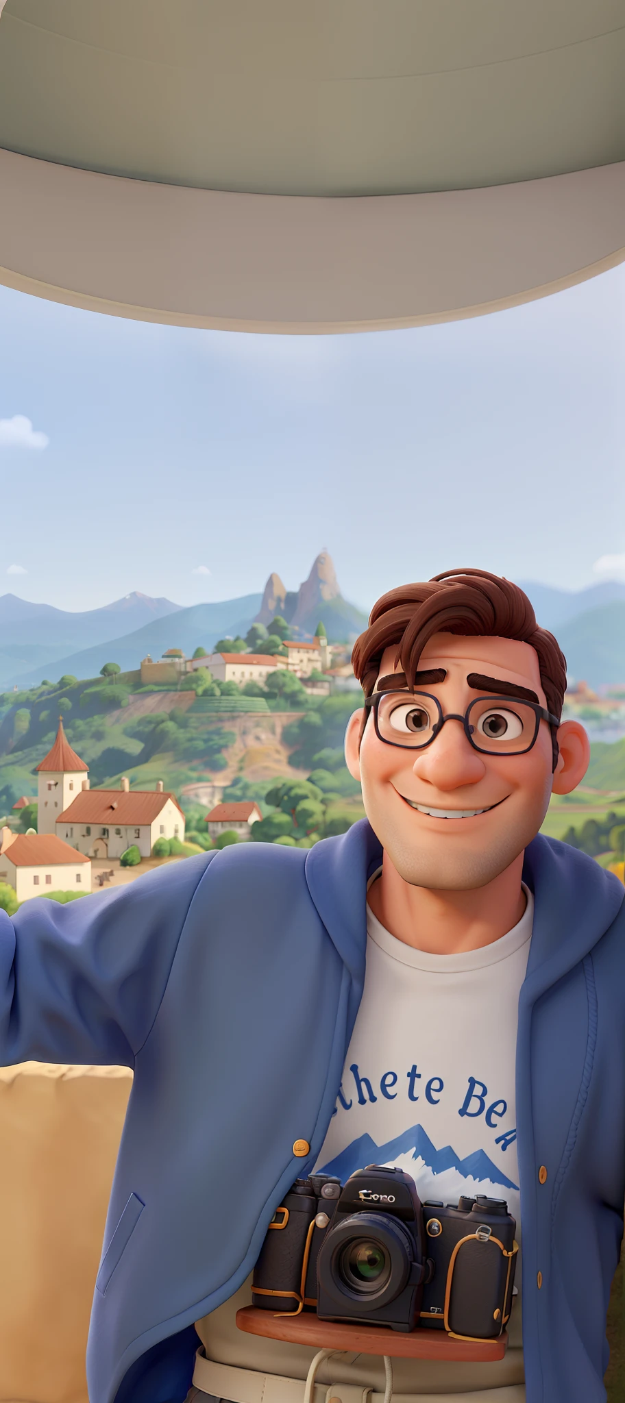 Homem, cabelo loiro escuro, de oculos, 40 anos, sorrindo, sentado, olhando para a camera, with blue sky landscape and mountains in the background.