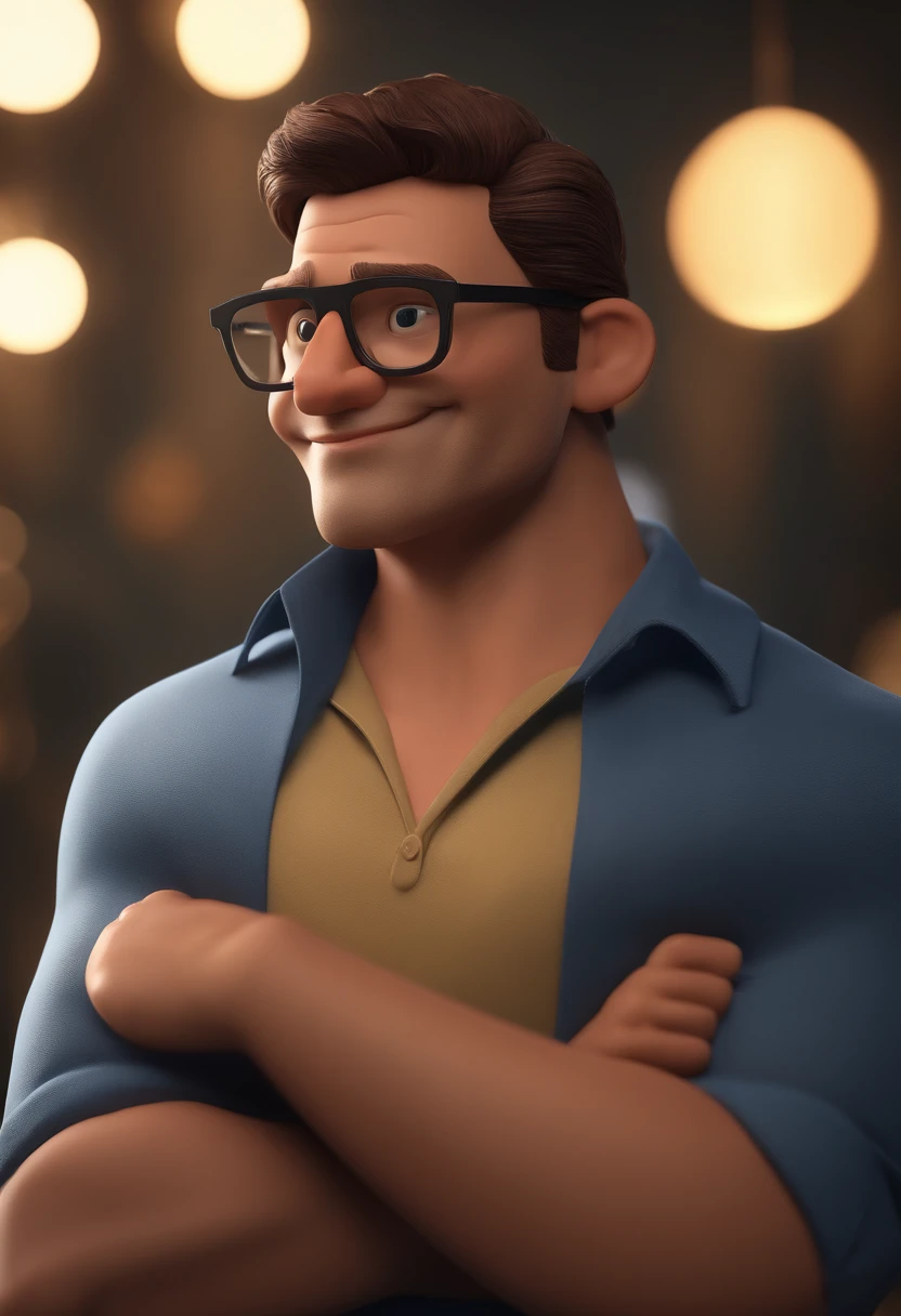 Cartoon character of a man with black glasses and a blue shirt, animation character, Caractere estilizado, animation style rendering, 3D estilizado, Arnold Maya render, 3 d render stylized, toon render keyshot, Personagem 3D, Personagem 3D, 3d rendering stylized, 3 d character render, personagem de desenho animado, Personagem de close up, Pose de personagem, (Estilo Pixar) (master part:1.2) (Bokeh) (best quality) (pele detalhada) (textura detalhada) (8k) (argila) (Cinematic lighting) (foco nítido