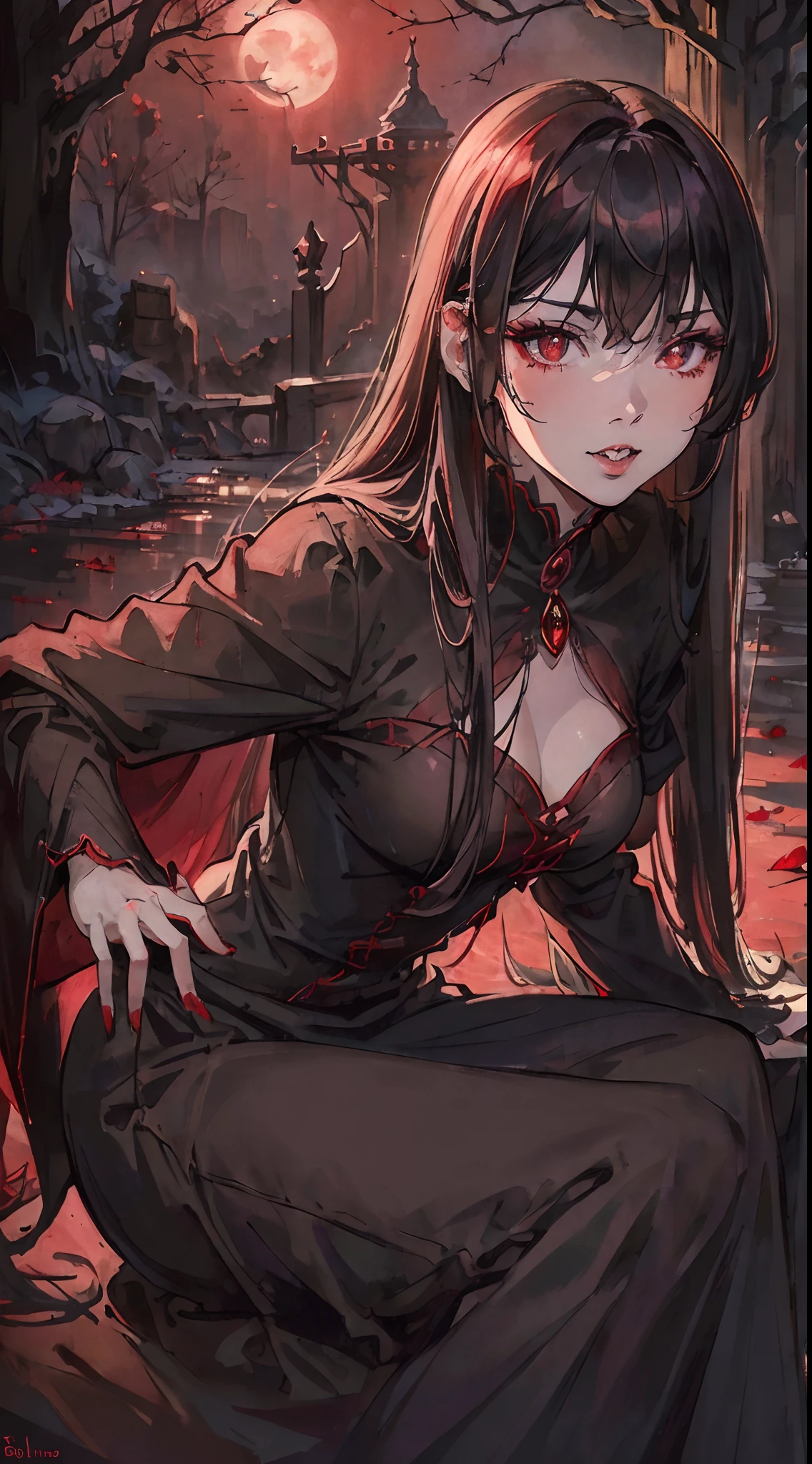 (best quality, highres:1.2, ultra-detailed, realistic:1.37), beautiful detailed eyes, beautiful detailed lips, extremely detailed eyes and face, long eyelashes, 1 girl, full body, Belle, from Beauty and the Beast, elegant vampire costume, dark dress, sharp fangs, gothic atmosphere, mysterious ambiance, moonlit garden background, enchanting aur, pale skin, glowing red eyes, flowing dark hair, vampire royalty, dramatic lighting, soft shadows, rich color palette, hints of deep red, subtle yet powerful, evocative and magical.