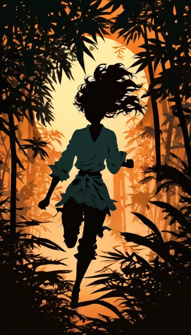 (Silhouette Art,cutouts:1.6)
(((Paper cutting art,A world where only black exists:1.3)

Side view of a woman running in the jungle at night, moon behind the woman
