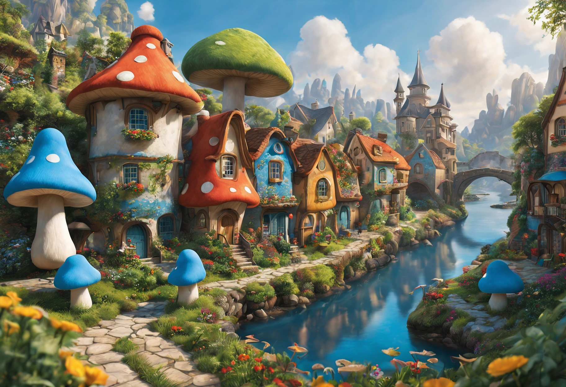 A smurf city, vividly depicted in the artwork (best quality, 4k, high resolution, masterpiece: 1.2), with ultra detailed features (realistic, photorealistic: 1.37). The city is made of vibrant colors and is bathed in warm sunlight, creating a cheerful and whimsical atmosphere. The houses are designed with extreme attention to detail, with intricate designs and unique architecture, resembling mushroom-shaped houses. The city is surrounded by lush greenery and colorful flowers, enhancing the enchanting and magical environment. The artwork exhibits an illustrative style, inspired by children's book illustrations, ensuring a charming and nostalgic touch. The color palette is made up of vibrant blues, greens and yellows, evoking a feeling of joy and playfulness. The lighting accentuates the picturesque scenes, casting soft, warm shadows that add depth and warmth to the artwork. Every detail is impeccably rendered, creating a visually stunning masterpiece that captures the essence of Smurf Town.