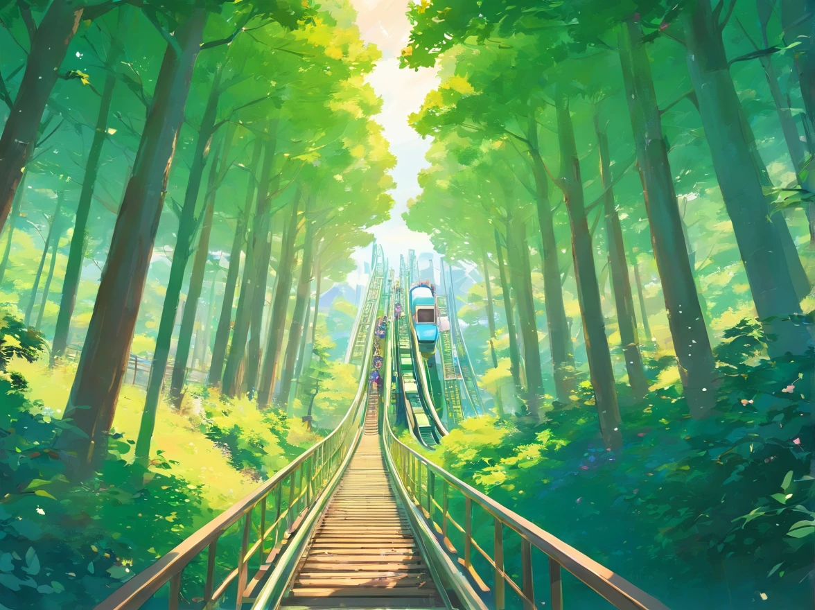 People, Children, green trees, Roller coaster,Look up,Large pendulum