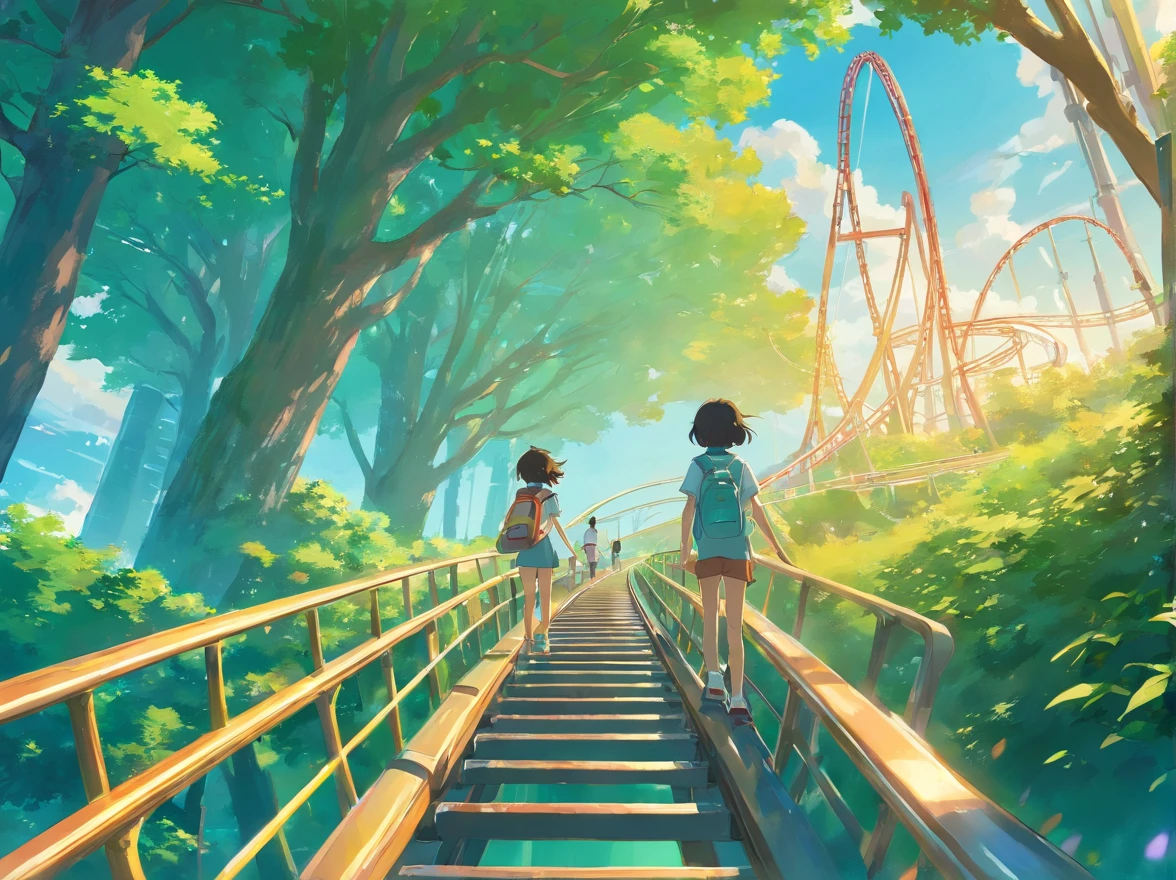 People, Children, green trees, Roller coaster,Look up,Large pendulum
