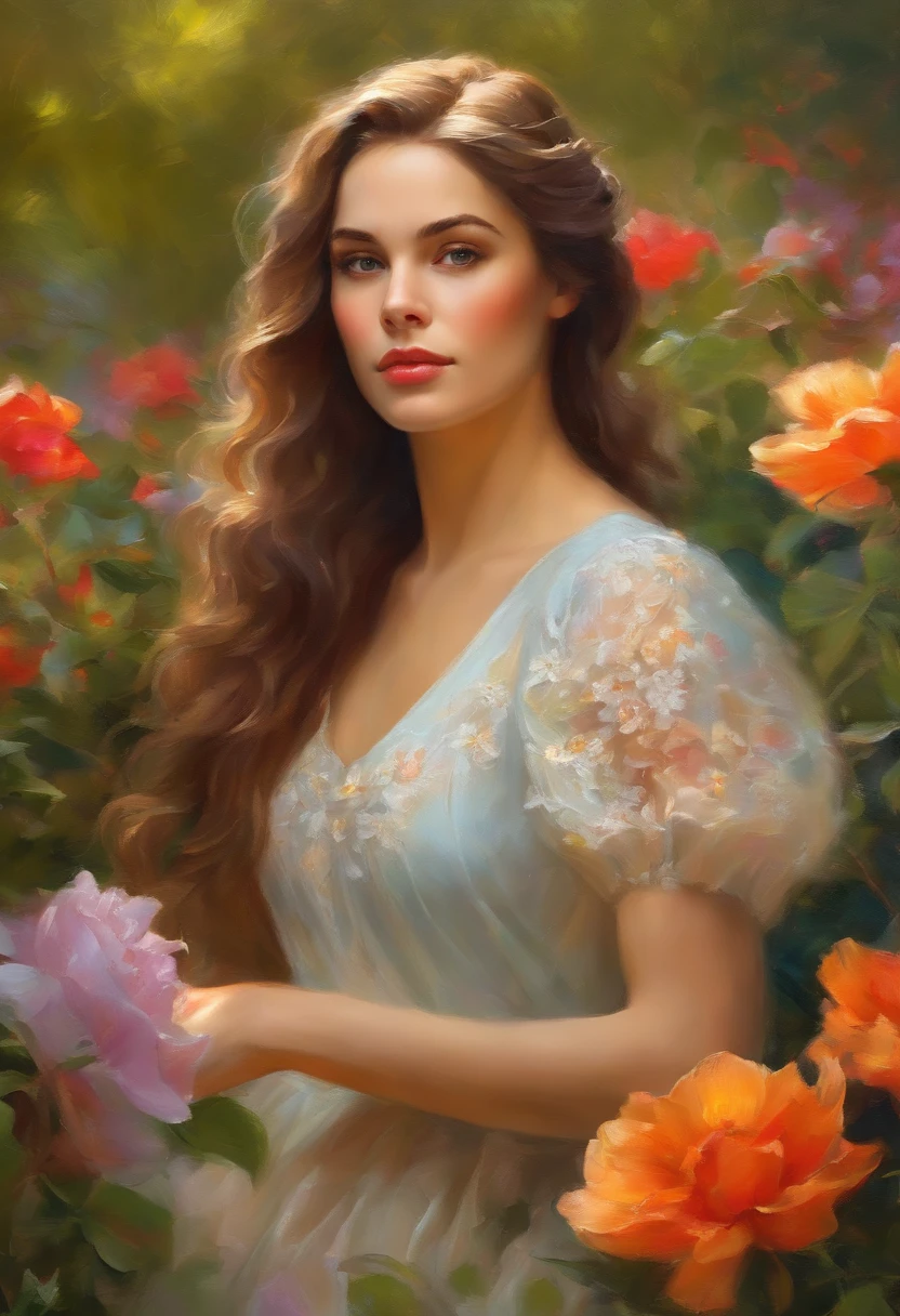 A girl with beautiful detailed eyes and lips, surrounded by vibrant colors and delicate brushstrokes, creating a masterpiece in an impressionist style. The artwork is crafted using oil paints, with the medium emphasizing texture and the play of light. The girl stands gracefully in a blooming garden, with the sunlight casting a warm glow on her face. Her flowing dress adds a sense of movement and elegance to the scene. The garden is filled with an abundance of flowers, their petals delicately rendered, creating a visual feast for the eyes. The overall image quality is of the best possible, with ultra-detailed features and a photorealistic touch. The scene evokes a sense of tranquility and beauty, capturing a fleeting moment frozen in time.