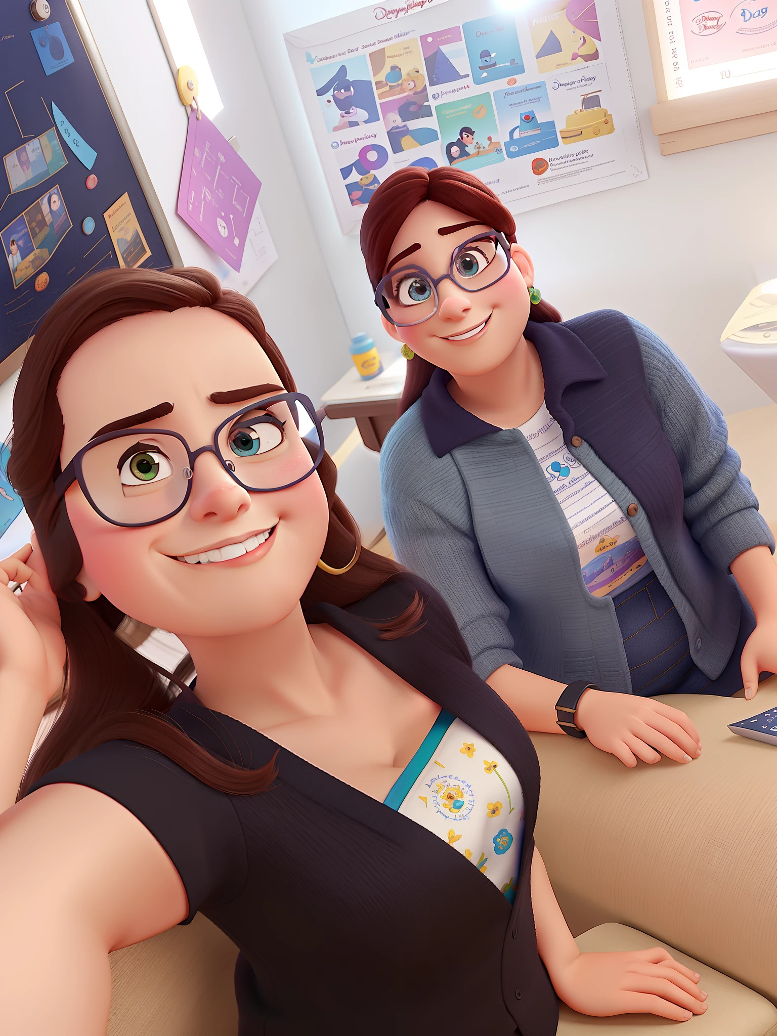 poster no estilo disney pixar, duas mulheres branca de oculos, estilo disney pixar, alta qualidade, melhor qualidade