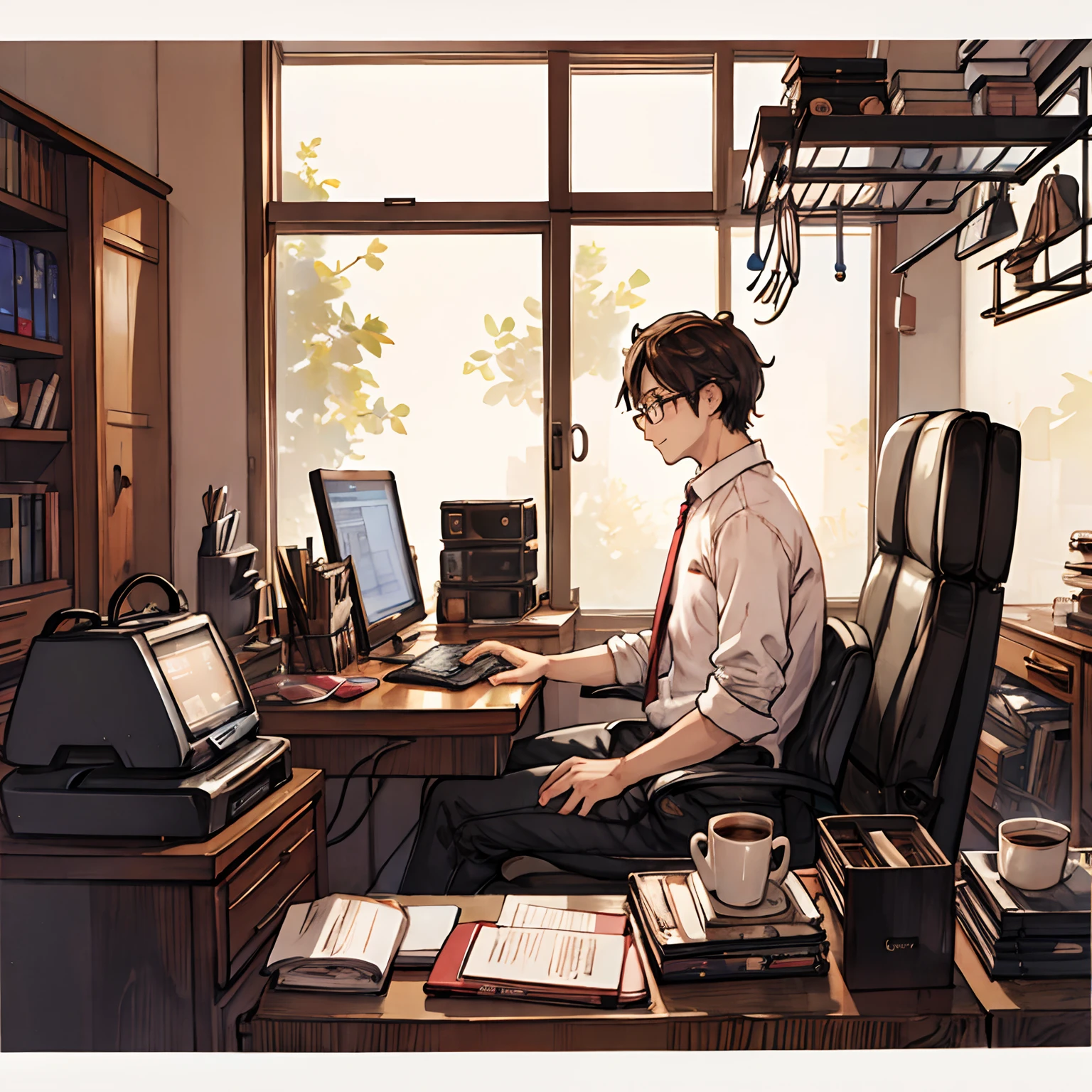 Man working on computer in office、Men wear glasses、Coffee in one hand、profile