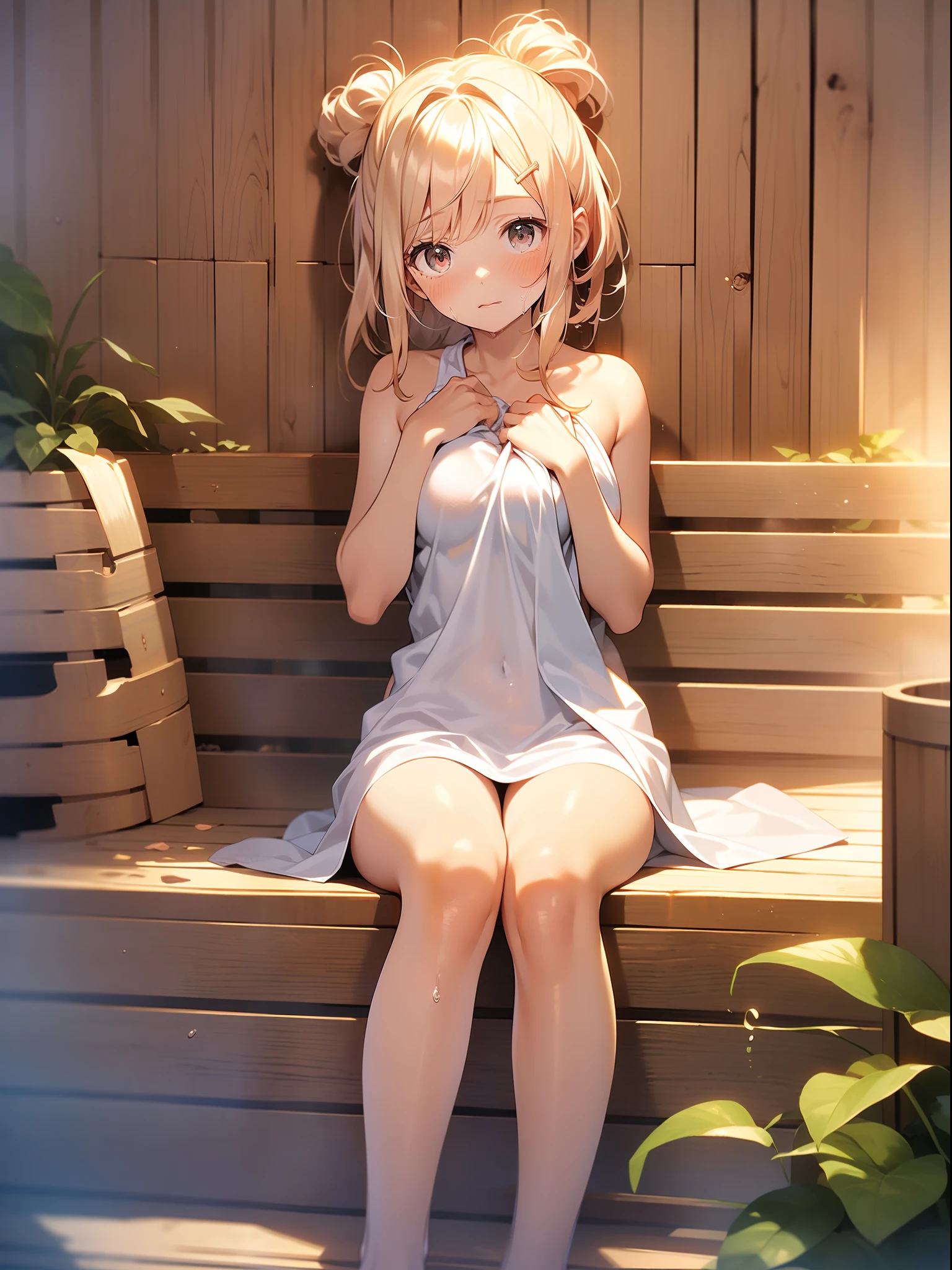 in 8K、top-quality、masterpiece、ultra-detailliert、Ultra-high resolution、((1 persons))、girl with、a blond、Twin-tailed、Medium chest、(((sauna)))、wetting hair、wetted skin、Red face、Wrap a bath towel around your body、hiding chest with hands、((steams))、Sit with your knees