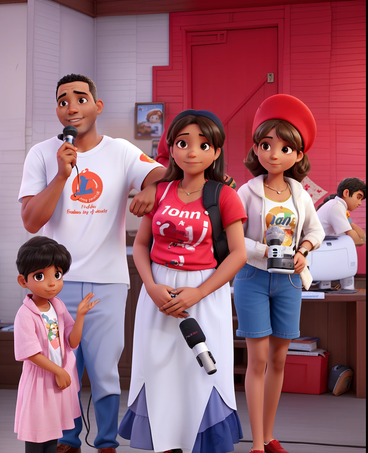 One family: A father with microphone in his hand, a mother, uma filha de 10 anos e um menino de 6 anos de cor branca