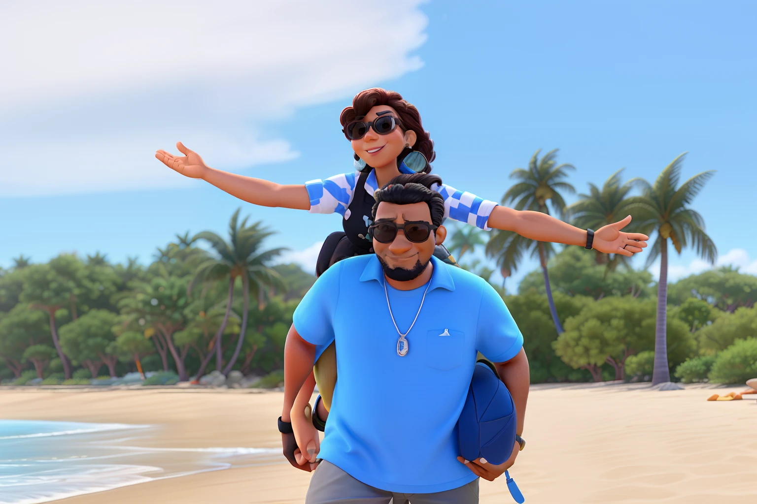 In high definition Pixar style, um casal sendo o homem negro de 35 anos, Wearing sunglasses and the 40-year-old woman, cabelos longos e olhos castanhos, ao fundo uma praia, The woman is on the man's back with vetoed arms and they are both smiling