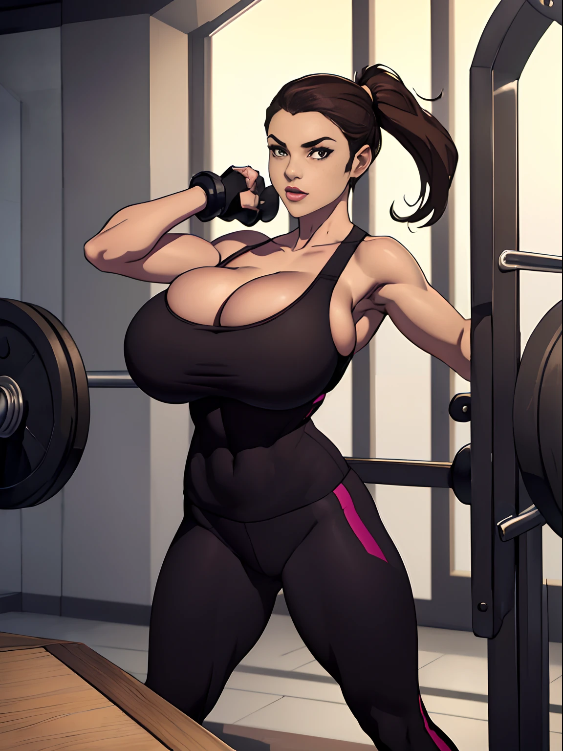 (masterpiece, top quality, best quality, official art, beautiful and aesthetic:1.2), (1girl:1.3), (gorgeous face), light freckles, fair skin, brown hair, extremely detailed, portrait, looking at viewer, solo, (full body:0.6), detailed background, close up, (airy modern theme:1.1), extremely busty gym girl, ponytail, big lips, arched back, charlatan, smirk, mysterious, stretching in the gym, sports bra, leggings, headphones, wet, workout gear, weight machines, windows, modern gym, well-lit, thin and toned physique, ((((gigantic breasts, cleavage, skindentation)))), slim waist, slim hips, long legs, modern (gym interior:1.1) background, dark mysterious lighting, shadows, magical atmosphere, dutch angle,