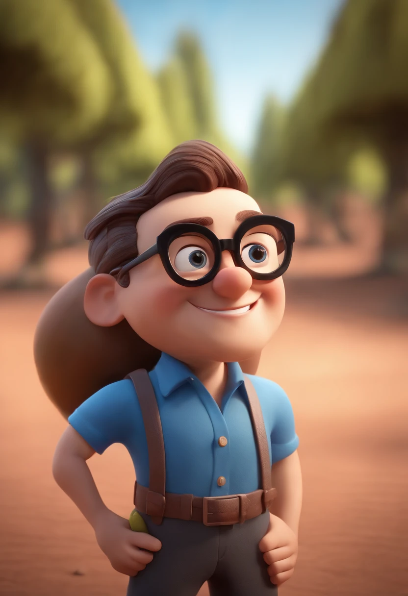 Cartoon character of a man wearing black glasses and a blue shirt, um personagem animado, Caractere estilizado, animation style rendering, 3D estilizado, Arnold Maya render, 3 d render stylized, toon render keyshot, Personagem 3D, Personagem 3D, 3d rendering stylized, 3 d character render, personagem de desenho animado, Personagem de close up, Pose de personagem, (Estilo Pixar) (master part:1.2) (Bokeh) (best quality) (pele detalhada) (textura detalhada) (8k) (argila) (Cinematic lighting) (foco nítido，Senta e vaza a parte superior do corpo